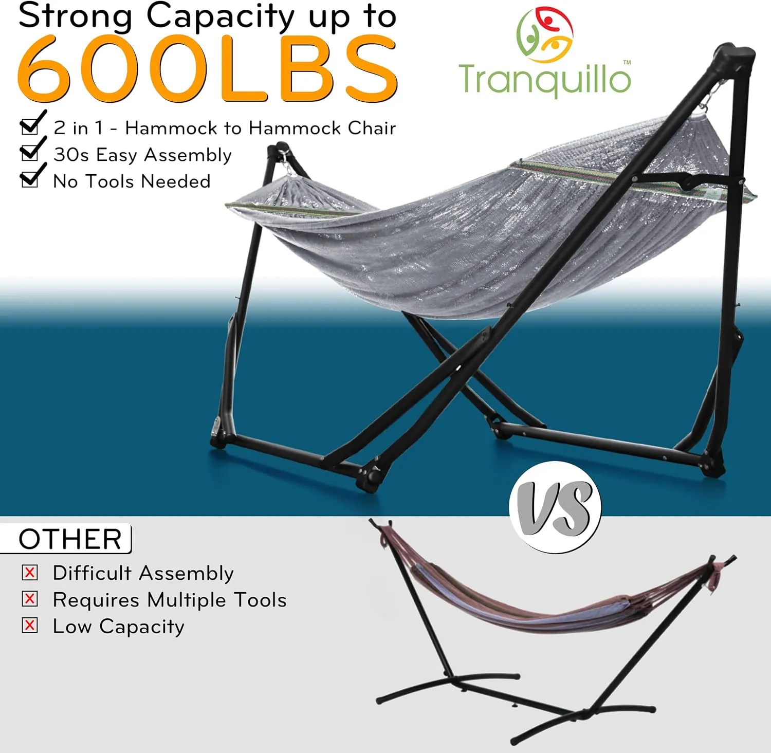 Tranquillo UniGen Heavy Duty Indoor/Outdoor Hammock with Signature Steel Stand, Premium Foldable Hammock, Durable 2-Layered Soft Polyester, Grey
