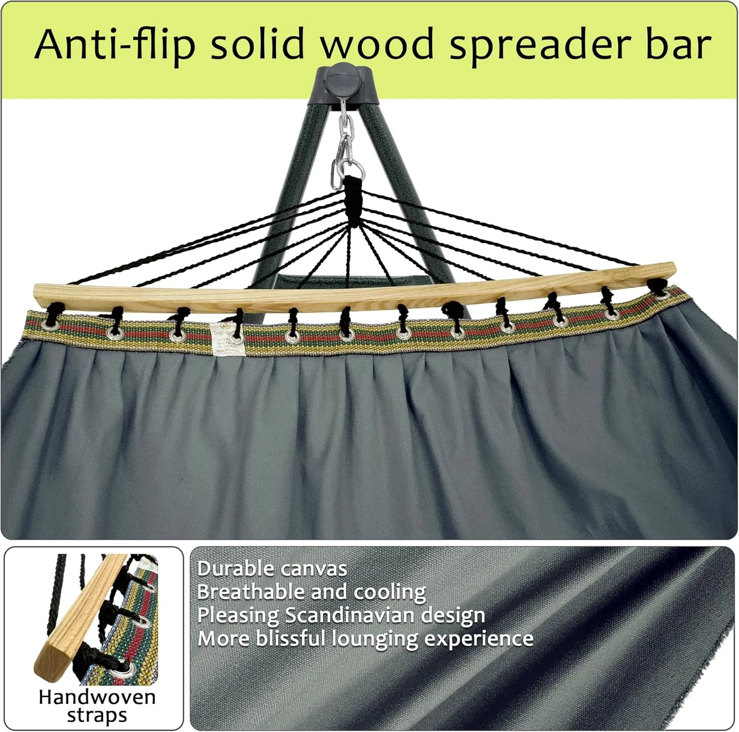 Tranquillo Universal Hammock with Stands Electro Static Coated Steel, Adjustable Foldable Hammock Stand with 2 Layered Polyester Net and Carry Bag for 2 Persons (3. Canvas - Grey)