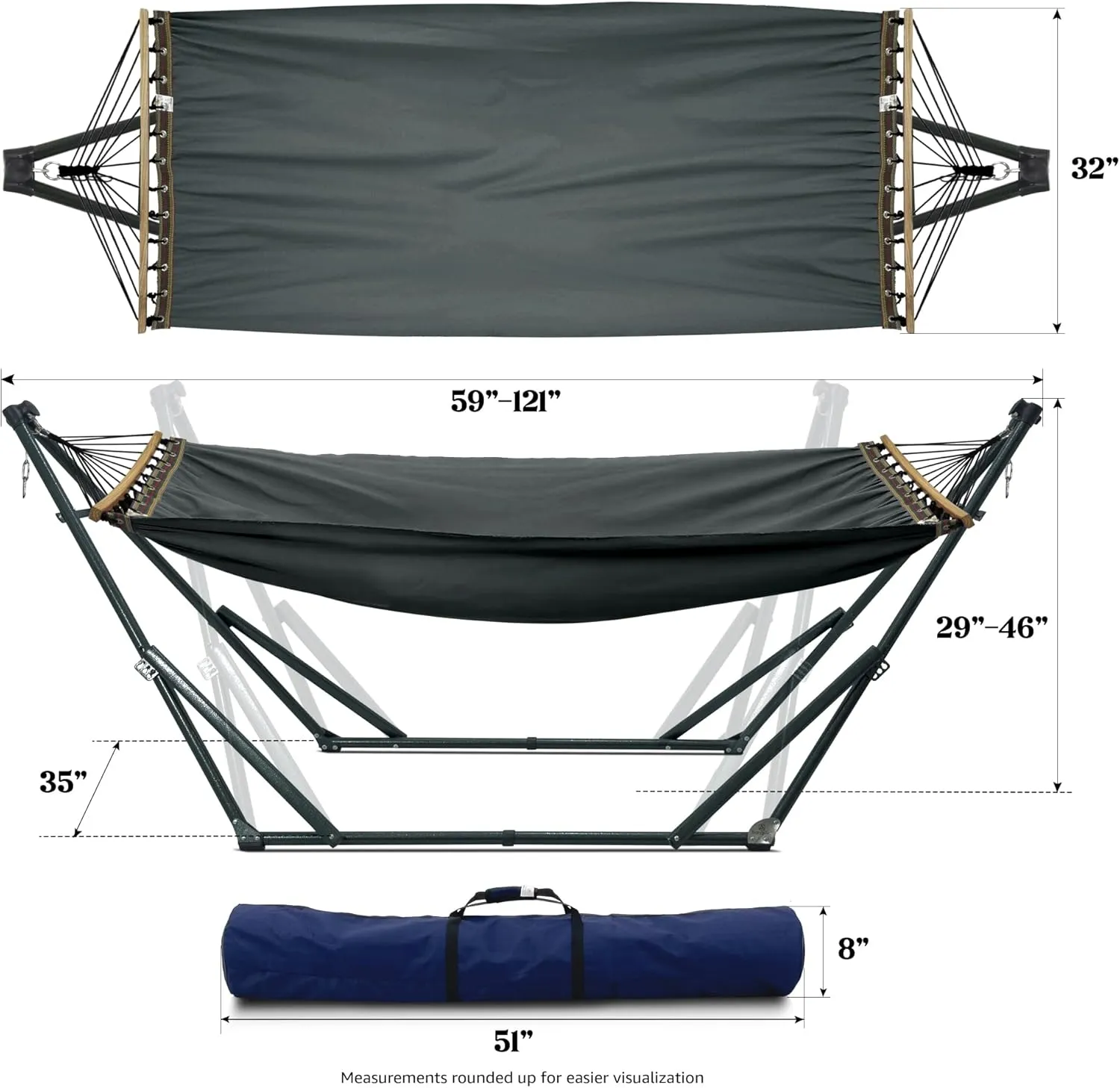 Tranquillo Universal Hammock with Stands Electro Static Coated Steel, Adjustable Foldable Hammock Stand with 2 Layered Polyester Net and Carry Bag for 2 Persons (3. Canvas - Grey)