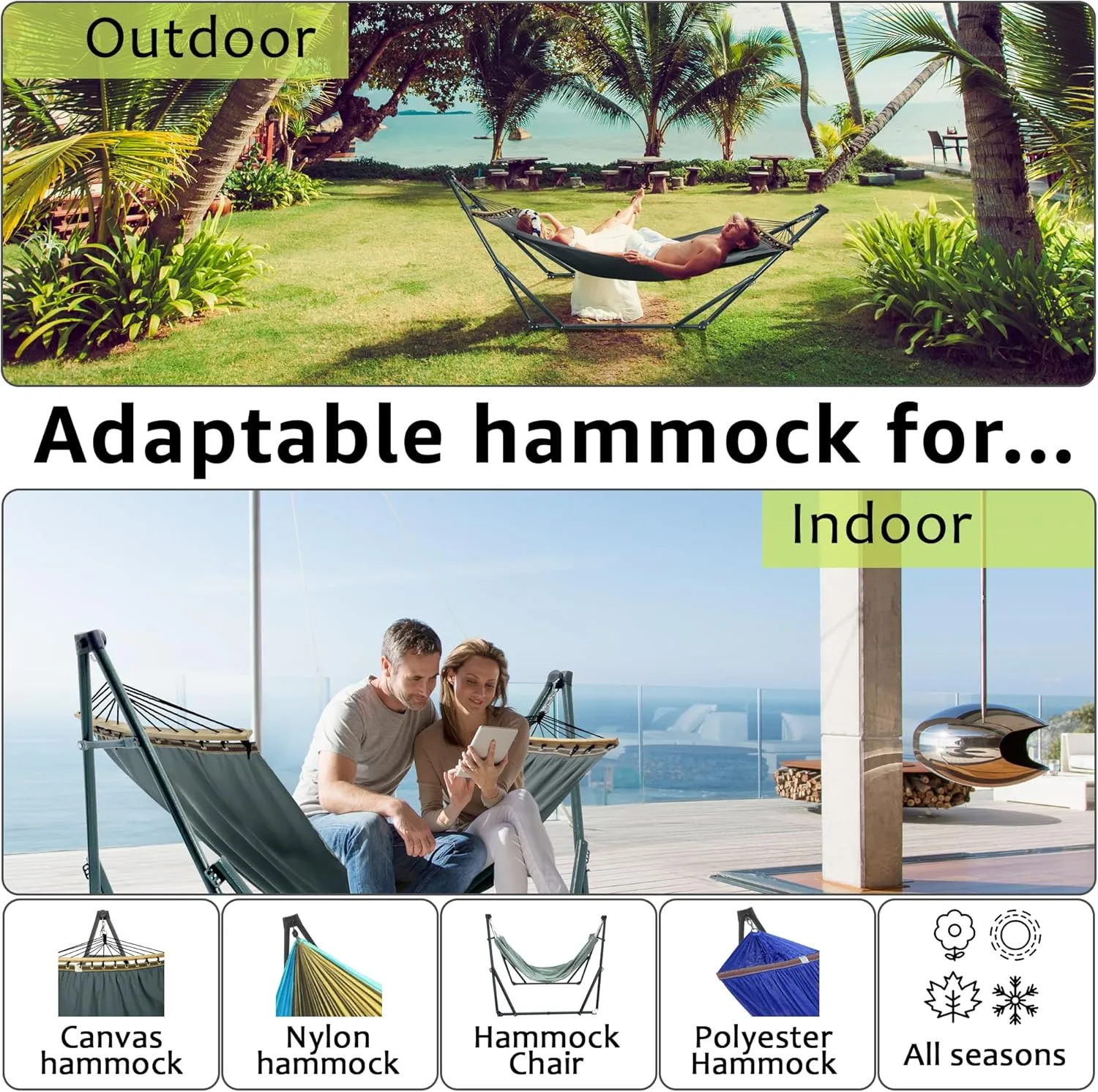 Tranquillo Universal Hammock with Stands Electro Static Coated Steel, Adjustable Foldable Hammock Stand with 2 Layered Polyester Net and Carry Bag for 2 Persons (3. Canvas - Grey)