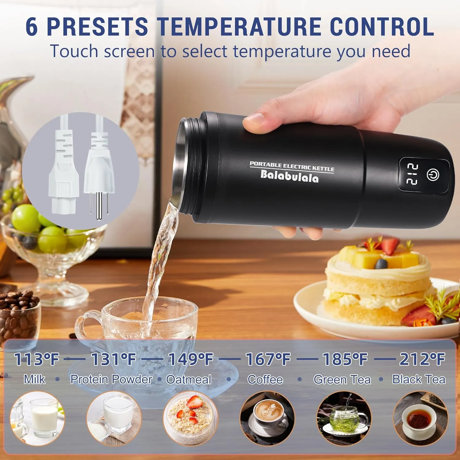Travel Electric Kettle, Balabulala Portable Water Boiler with 6 Variable Presets, Personal Small Electric Kettle with Keep Warm Temperature Controls & Boil Dry Protection, 17oz