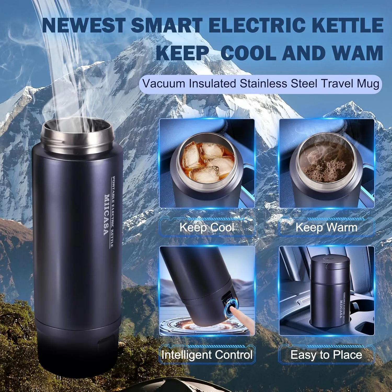 Travel Electric Kettle,Miicasa Portable Water Boiler with Double Wall Stainless Steel Vacuum Insulated,6 Temperature Preset and Auto Shut-Off Boil Dry,16oz
