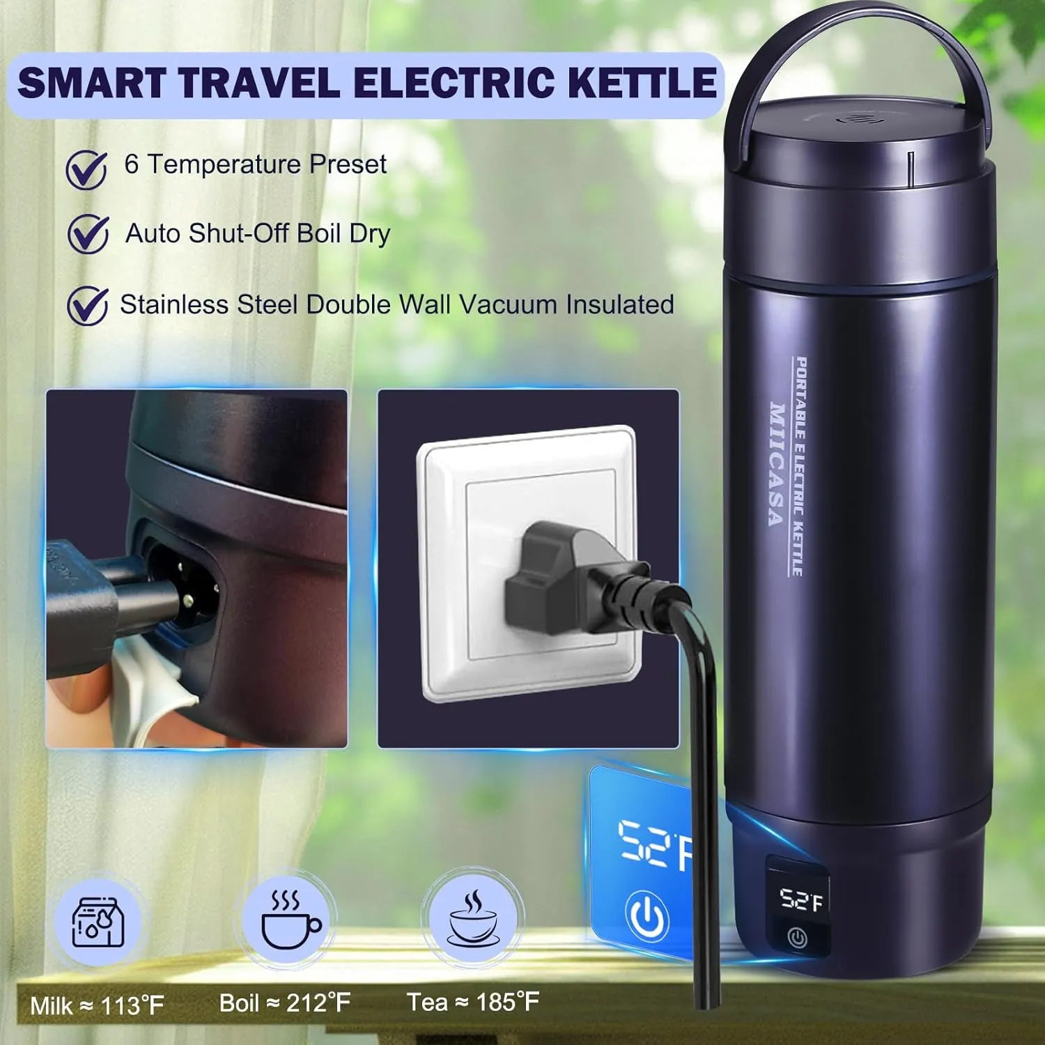 Travel Electric Kettle,Miicasa Portable Water Boiler with Double Wall Stainless Steel Vacuum Insulated,6 Temperature Preset and Auto Shut-Off Boil Dry,16oz