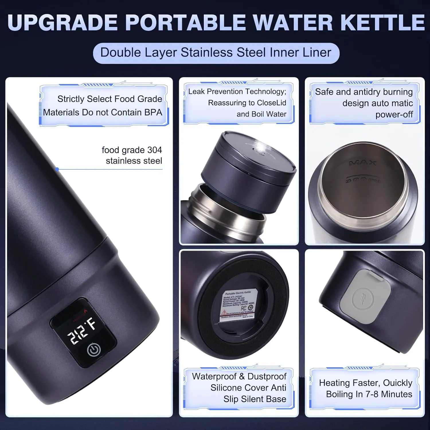 Travel Electric Kettle,Miicasa Portable Water Boiler with Double Wall Stainless Steel Vacuum Insulated,6 Temperature Preset and Auto Shut-Off Boil Dry,16oz