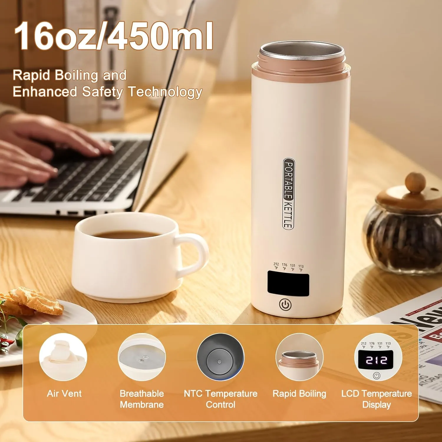 Travel Kettle 16oz/450ml Mini Portable Electric Kettle with 4 Temperature Settings, Plug in 304 Stainless Steel Mini Travel Electric Kettle with Auto Shut-off (Beige)