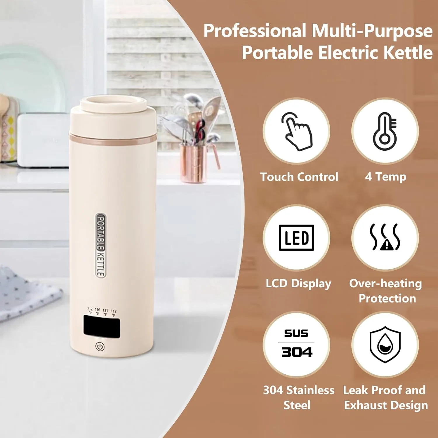 Travel Kettle 16oz/450ml Mini Portable Electric Kettle with 4 Temperature Settings, Plug in 304 Stainless Steel Mini Travel Electric Kettle with Auto Shut-off (Beige)