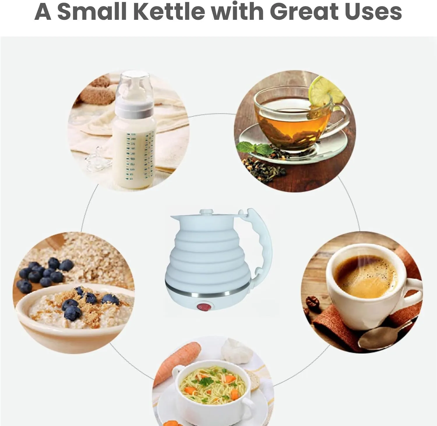 Travel Kettle Electric, Portable Travel Tea Kettle Small, Ultra-thin Collpasible Electric Kettle, Food Grade Silicone Foldable, Auto Shut off and Keep Warm, 110V 555ml (White)