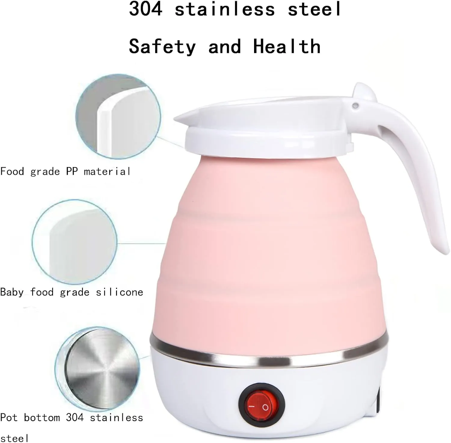 Travel Kettle Electric Small Foldable Portable Kettle,Silicone Collapsible Heating Water Boiler Tea Pot for Camping,Easy for Storage with Separable Power Cord (Pink)
