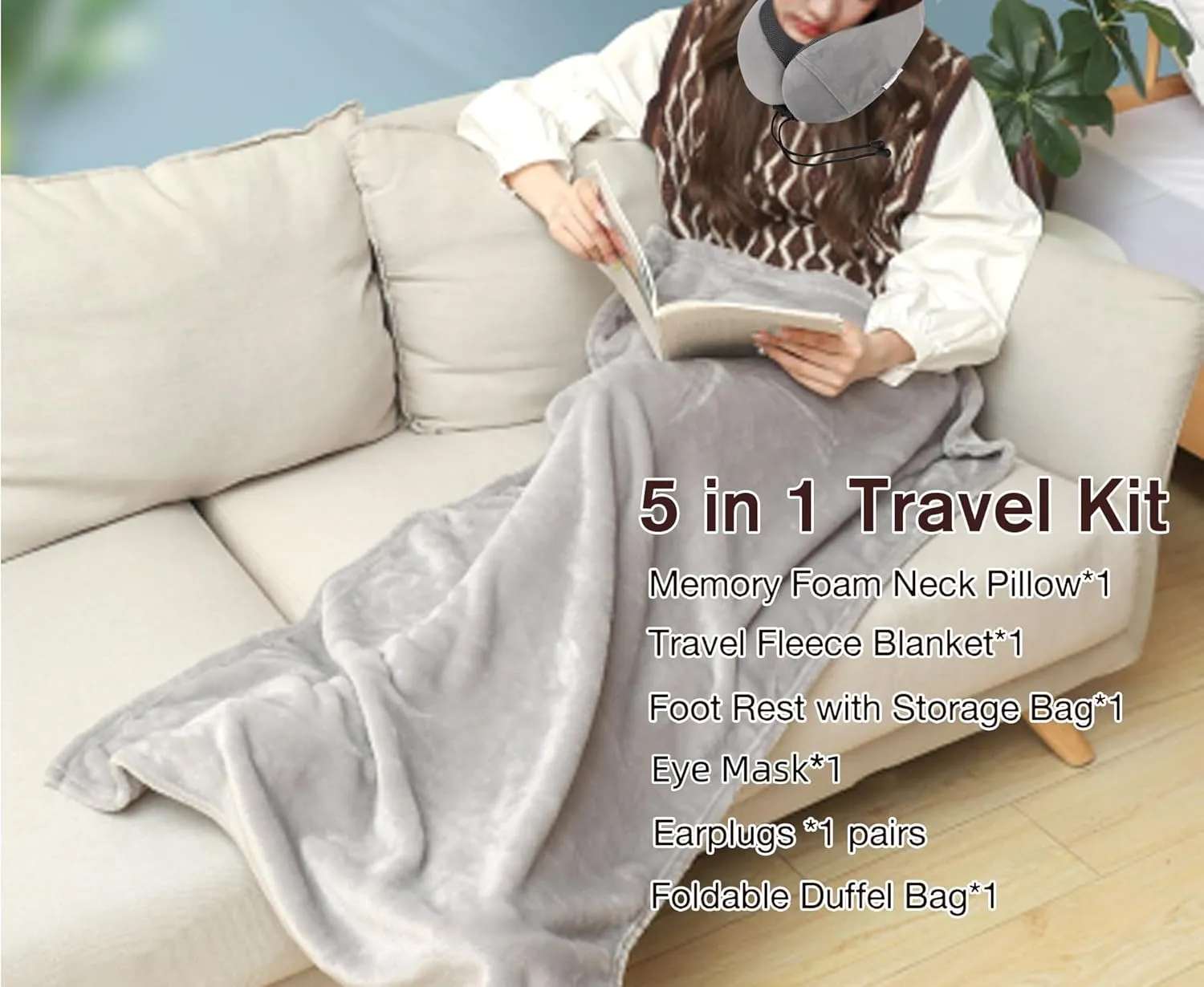 Travel Pillow and Blanket Set & Foot Rest, Memory Foam Neck Pillow Airplane Blanket & Airplane Foot Hammock & Foldable Duffel Bag, Eye Mask & Earplugs, Portable Travel Accessories Essentials, Grey