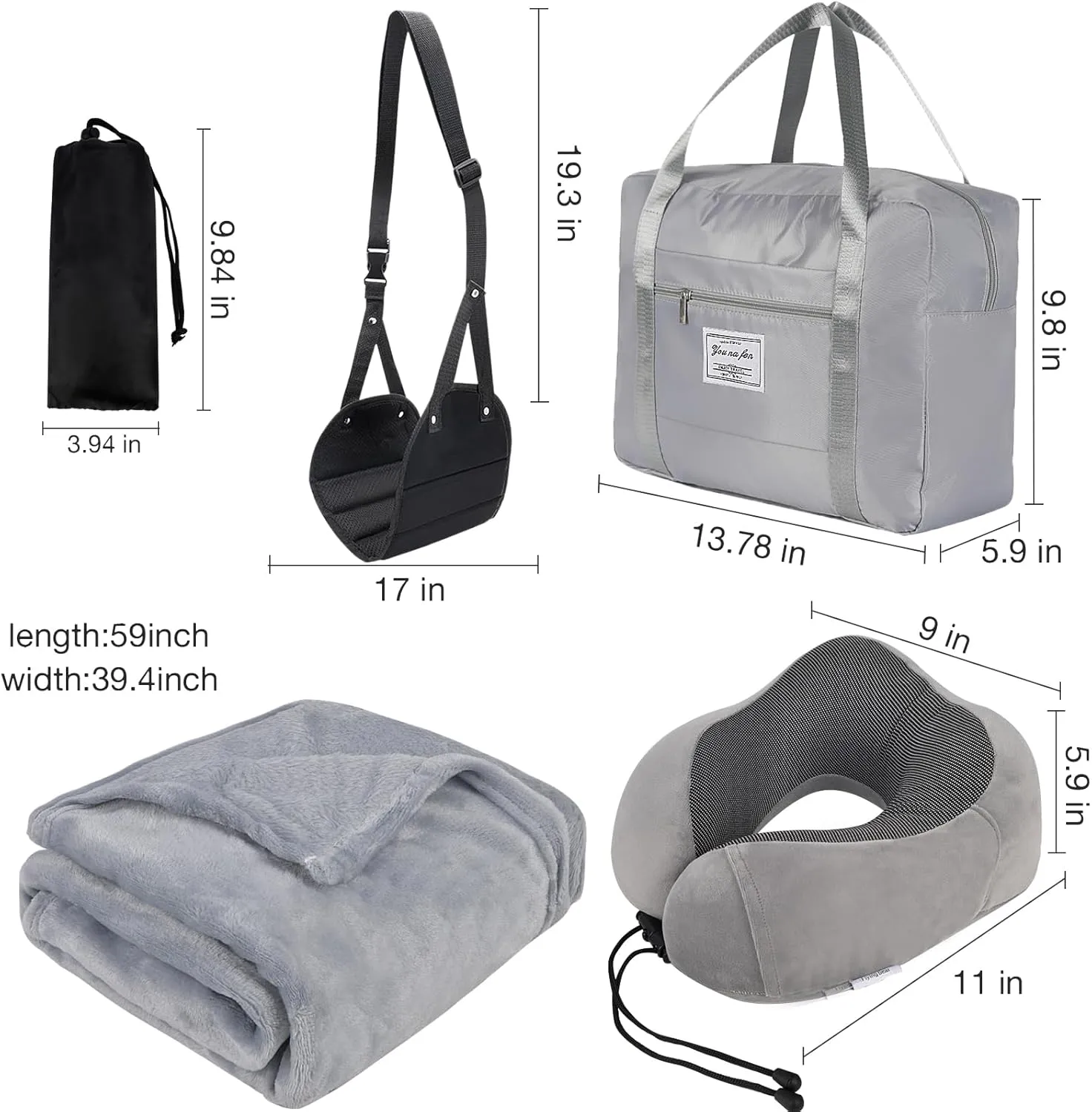 Travel Pillow and Blanket Set & Foot Rest, Memory Foam Neck Pillow Airplane Blanket & Airplane Foot Hammock & Foldable Duffel Bag, Eye Mask & Earplugs, Portable Travel Accessories Essentials, Grey