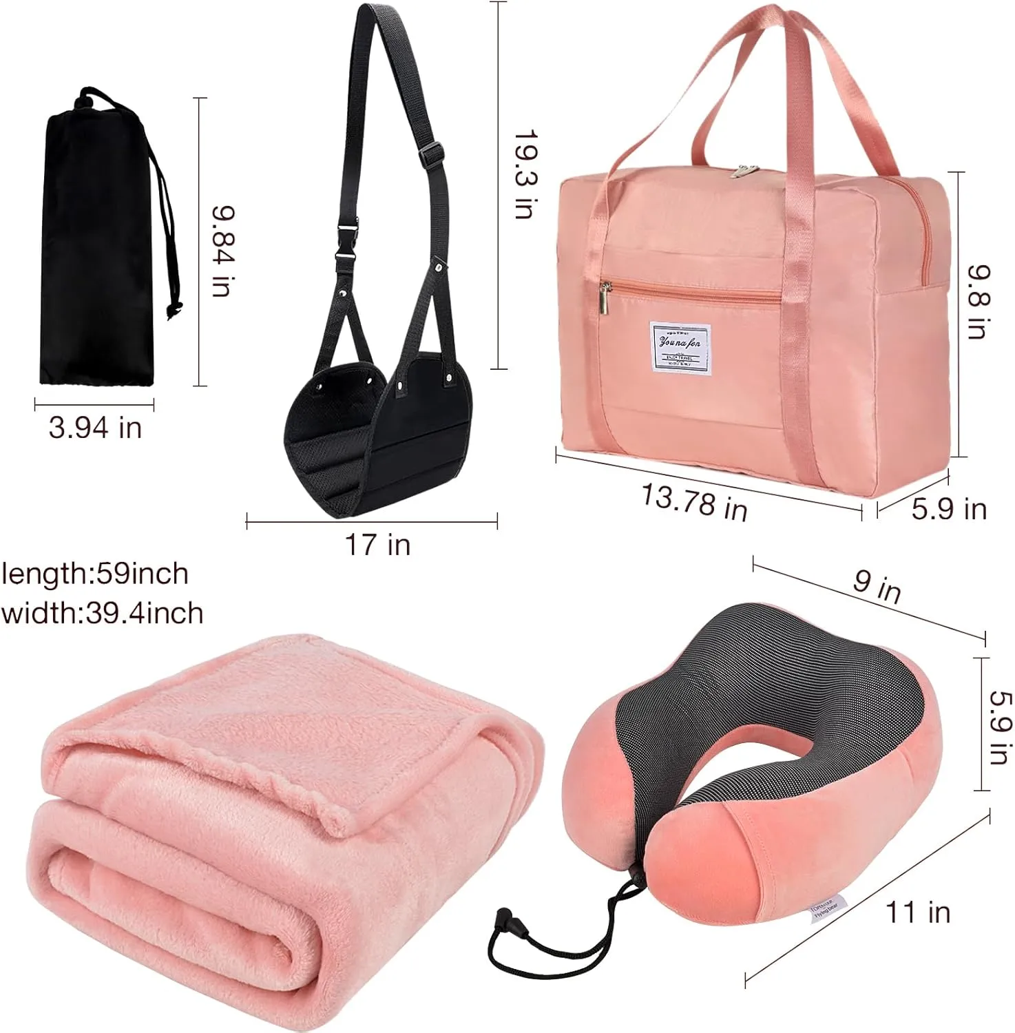 Travel Pillow and Blanket Set & Foot Rest, Memory Foam Neck Pillow Airplane Blanket & Airplane Foot Hammock & Foldable Duffel Bag, Eye Mask & Earplugs, Portable Travel Accessories Essentials, Pink