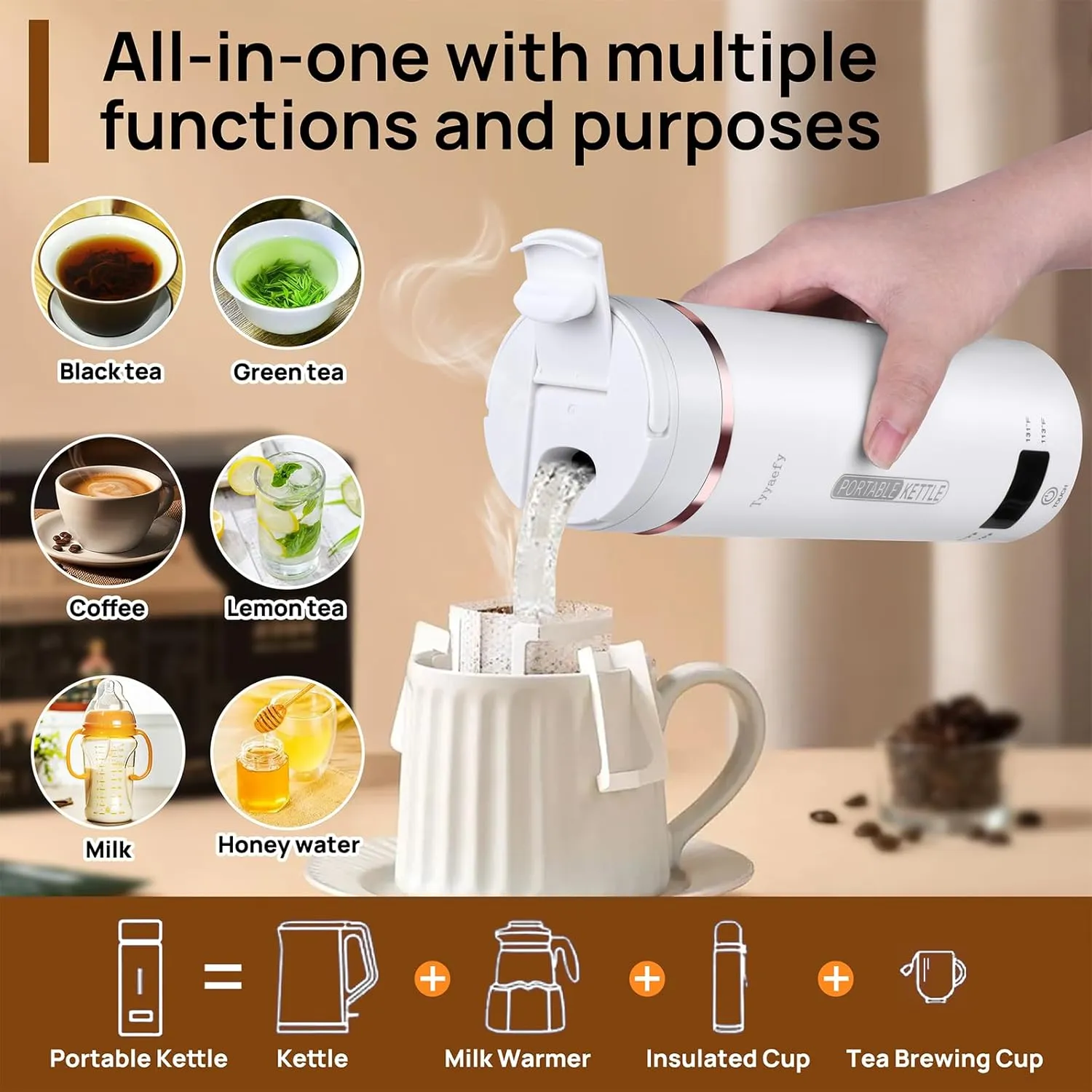 Travel Portable Electric Kettle, Tea Coffee Kettle, Mini Hot Water Cup for Rapid Heating & Boiling, Leak Proof & Heated-Insulated Design, 450mL & 304 Stainless Steel with 4 Preset Thermal Control