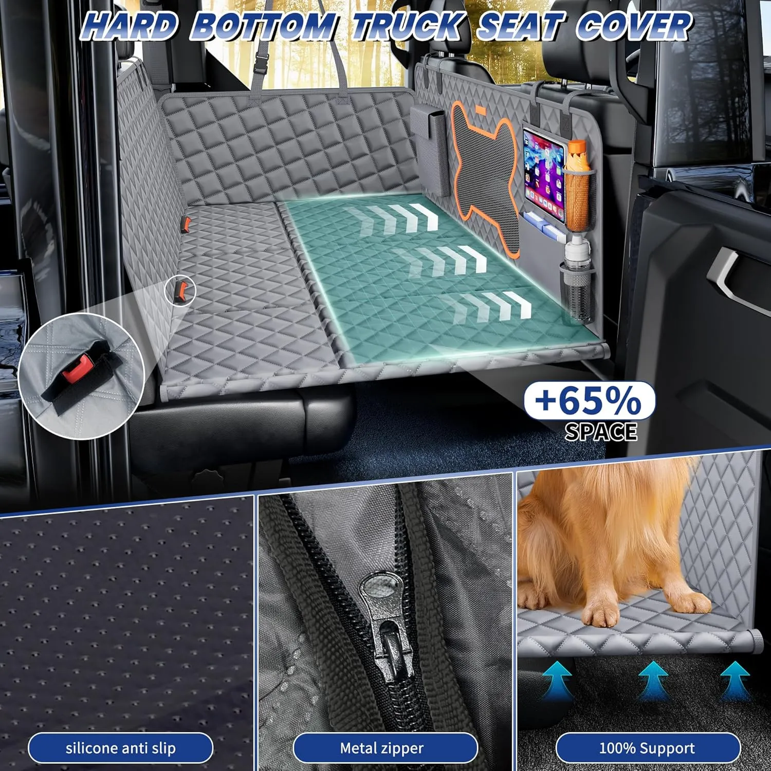 Truck Dog Seat Cover Back Seat,Dog Backseat Extender Hammock for Crew Cab 6 Foldable Board Hard Bottom 400lbs Waterproof Anti-Scratch Pet Seat Covers for F150/RAM1500/Silverado Pickup,Gray