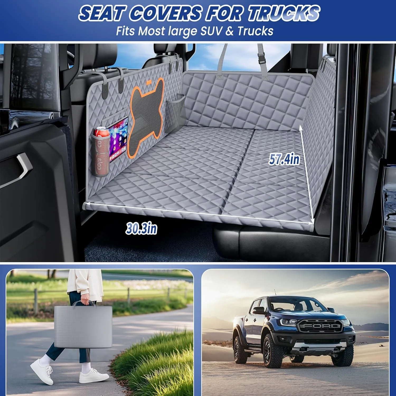 Truck Dog Seat Cover Back Seat,Dog Backseat Extender Hammock for Crew Cab 6 Foldable Board Hard Bottom 400lbs Waterproof Anti-Scratch Pet Seat Covers for F150/RAM1500/Silverado Pickup,Gray