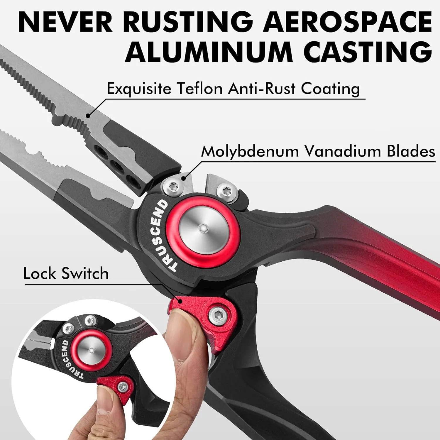 TRUSCEND Lockable Handy Fishing Pliers with Innovative Ergonomical Handle, Corrosion Saltwater Resistant Teflon Coated Fishing Tool, Multi-Function Fishing Gear with Mo-V Cutter, Fishing Gifts for Men