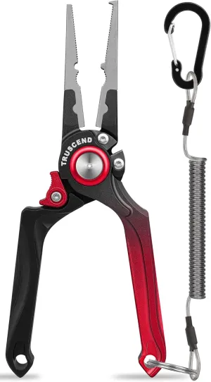 TRUSCEND Lockable Handy Fishing Pliers with Innovative Ergonomical Handle, Corrosion Saltwater Resistant Teflon Coated Fishing Tool, Multi-Function Fishing Gear with Mo-V Cutter, Fishing Gifts for Men