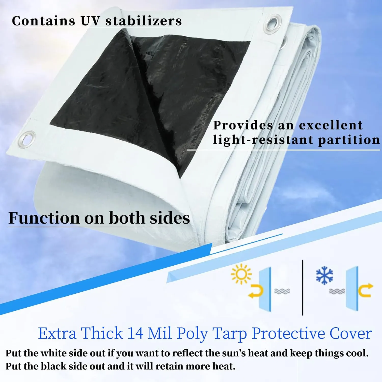 UCINNOVATE 10' x 10' Heavy Duty Waterproof White/Black Reversible Tarp, Durable 14 Mil Tarp Cover with Grommets, UV Resistant Reinforced Ground Sheet Cover for Garden Patio Lawn Greenhouse or Boat