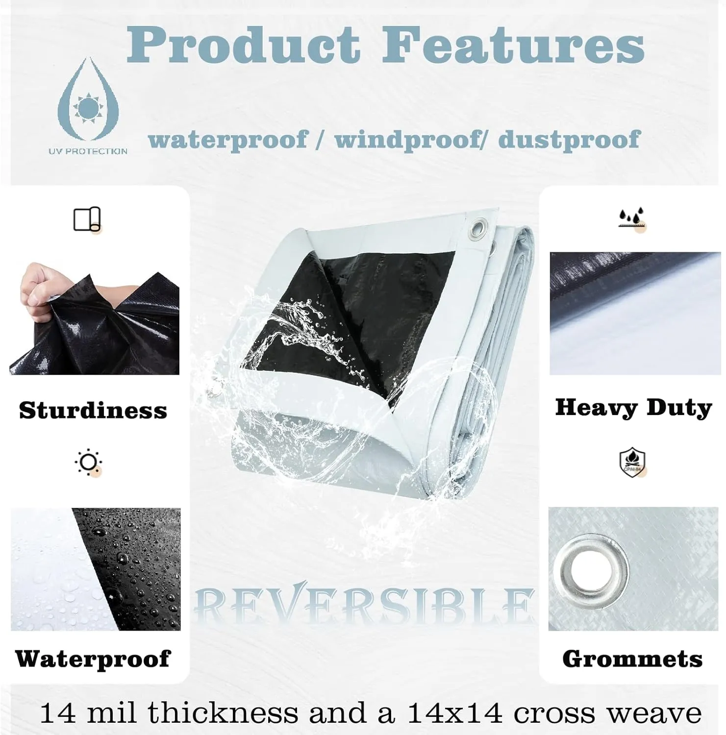 UCINNOVATE 10' x 20' Tarps 14 Mil Heavy Duty Waterproof White/Black Poly Tarp Cover, Thick Weatherproof UV Resistant Tarpaulin with Grommets, Tear Proof Large Protection Tarp for Camping Gazebo Roof