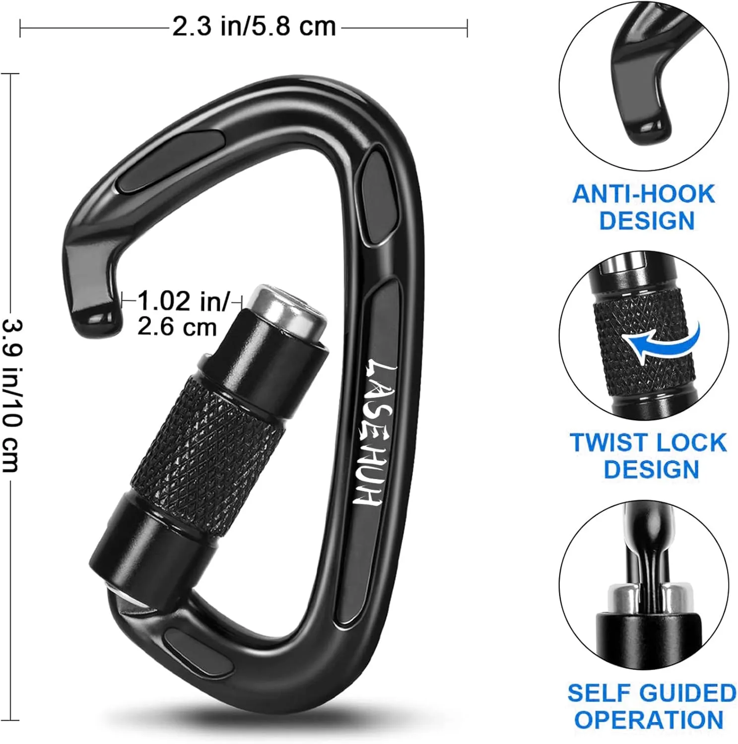 UIAA Certified 25KN Auto Locking Climbing Carabiner Clips, D Shaped, Twist Lock, and Heavy Duty Carabiners for Rock Climbing, Rappelling,3.93 Inch, Large Size.