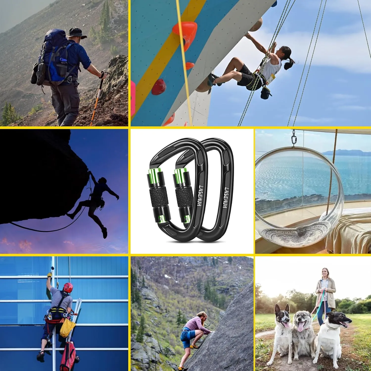 UIAA Certified 25KN Auto Locking Climbing Carabiner Clips, D Shaped, Twist Lock, and Heavy Duty Carabiners for Rock Climbing, Rappelling,3.93 Inch, Large Size.