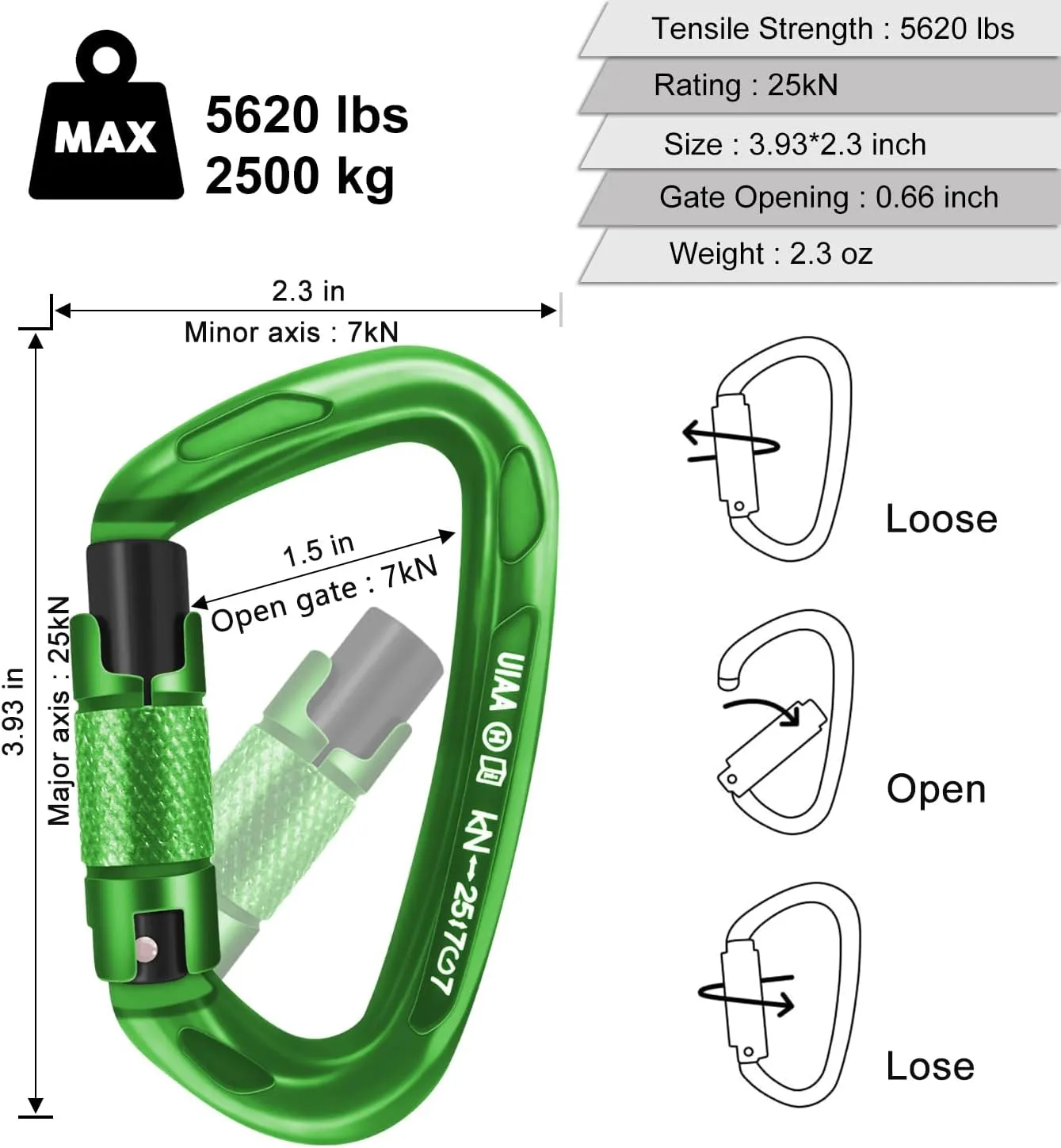 UIAA Certified Professional Heavy Duty Large Locking Carabiner Clips Climbing Carabiner 25kN Auto Locking Carabiner for Rock/Ice Climbing Rappelling Rescue Swing etc, D Shaped