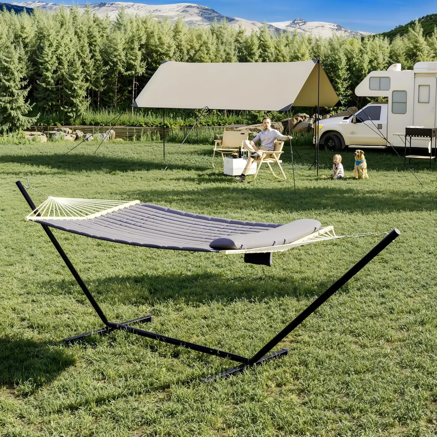 Ultra-Comfort 2-Person Hammock Set with Foldable Steel Frame – Heavy-Duty Outdoor Lounger for Garden, Camping & Patio (450lb Capacity   Quick-Stow Carry Bag),Dark Gray (Concave)