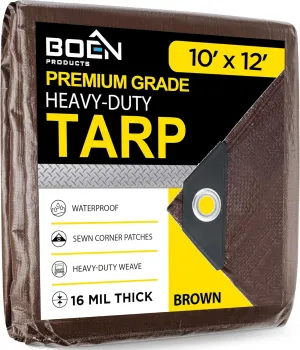 Ultra Heavy Duty Tarp Waterproof Large Cover | Brown, 10' x 12' 16 Mil Thick | Rip Proof Tarps | Thick Weave Material, UV Resistant Great for Tarpaulin Canopy Tent, Boat, RV or Pool Cover