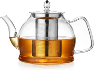 Unbreakable Glass Tea Pot with Infuser and Lid, Heat Resistance Borosilicate Glass Tea Kettle for Gas Stovetop, Suit for Blooming and Loose Leaf Tea, 40 fl oz, Clear, Y1-4039T