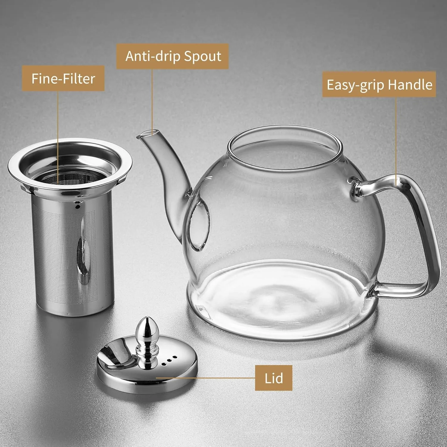 Unbreakable Glass Tea Pot with Infuser and Lid, Heat Resistance Borosilicate Glass Tea Kettle for Gas Stovetop, Suit for Blooming and Loose Leaf Tea, 40 fl oz, Clear, Y1-4039T