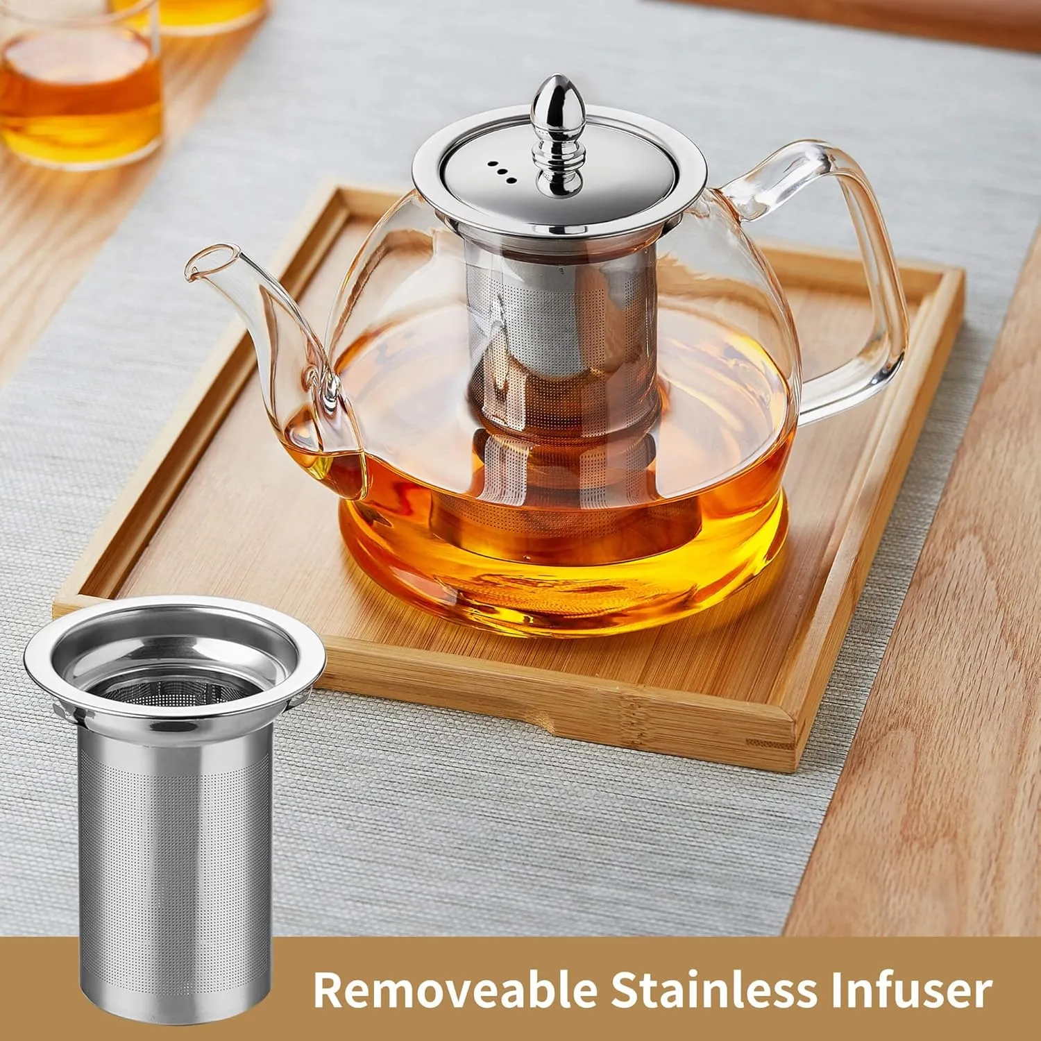Unbreakable Glass Tea Pot with Infuser and Lid, Heat Resistance Borosilicate Glass Tea Kettle for Gas Stovetop, Suit for Blooming and Loose Leaf Tea, 40 fl oz, Clear, Y1-4039T