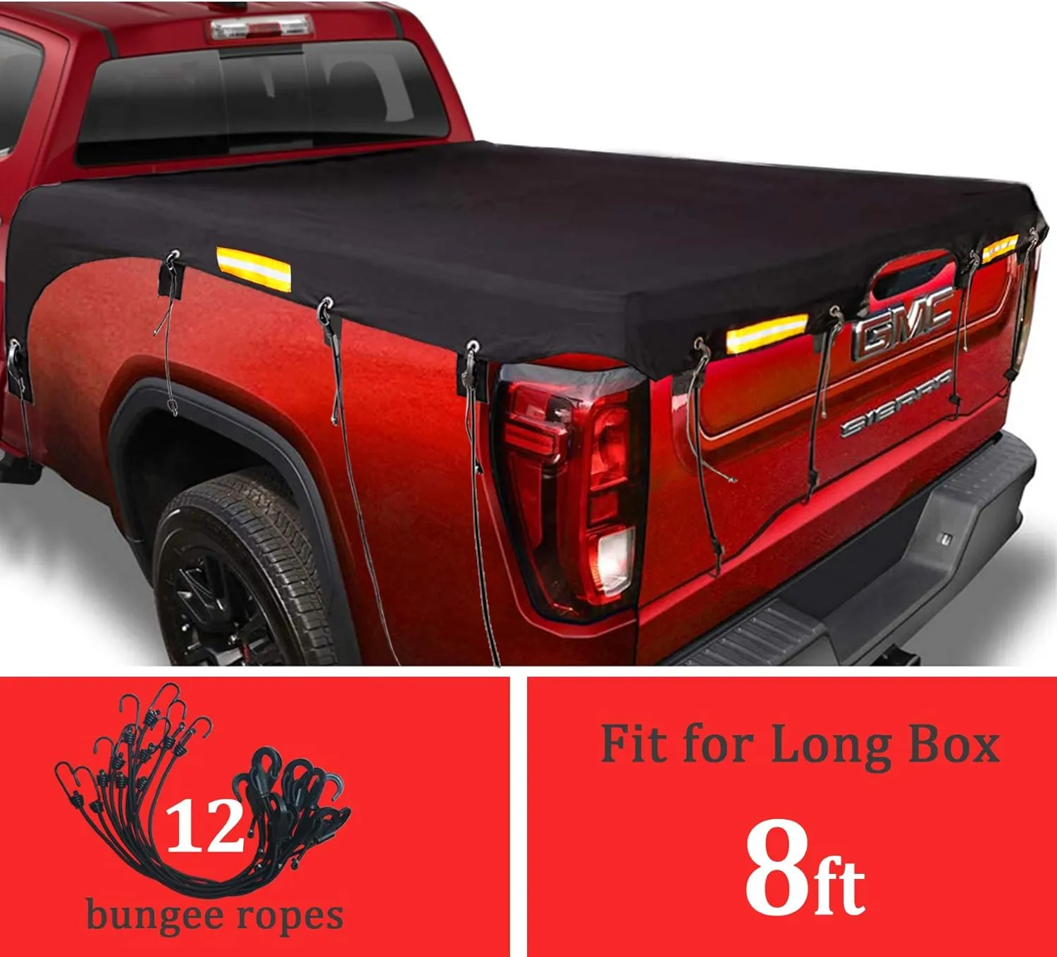 Upgraded Truck Bed Tarp Cover for Long Bed (8' Box) Fit for Ford F150 GMC Silverado Ram Tundra, Waterproof Heavy Duty 600D Oxford Fabric, Pickup Truck Bed Cover with Bungee Webbings-Black