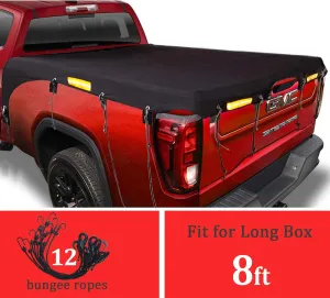 Upgraded Truck Bed Tarp Cover for Long Bed (8' Box) Fit for Ford F150 GMC Silverado Ram Tundra, Waterproof Heavy Duty 600D Oxford Fabric, Pickup Truck Bed Cover with Bungee Webbings-Black