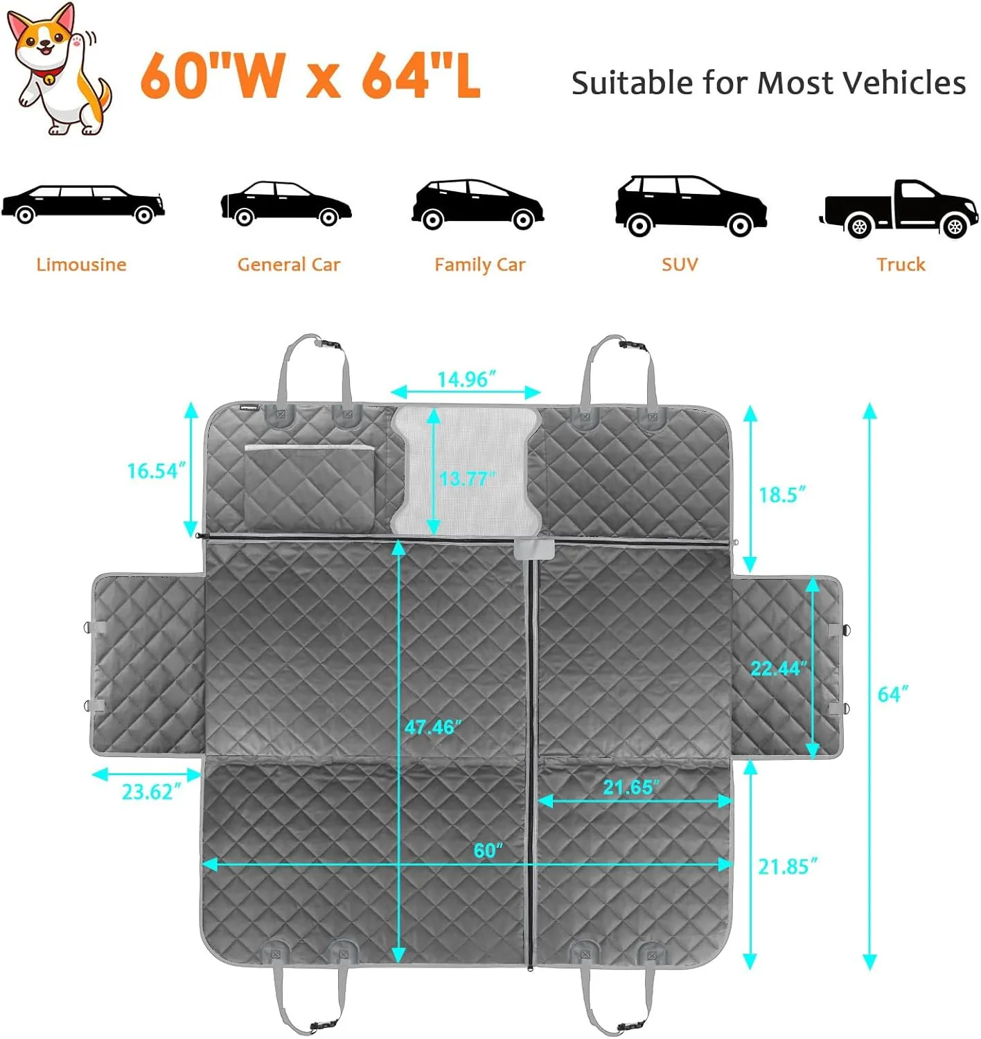 URPOWER 6 in 1 Convertible Dog Car Seat Cover for Back Seat 60/40 Split Dog Seat Cover 100% Waterproof Dog Hammock for Car Nonslip Pet Seat Cover with Mesh Window & Pocket for Cars Trucks and SUVs