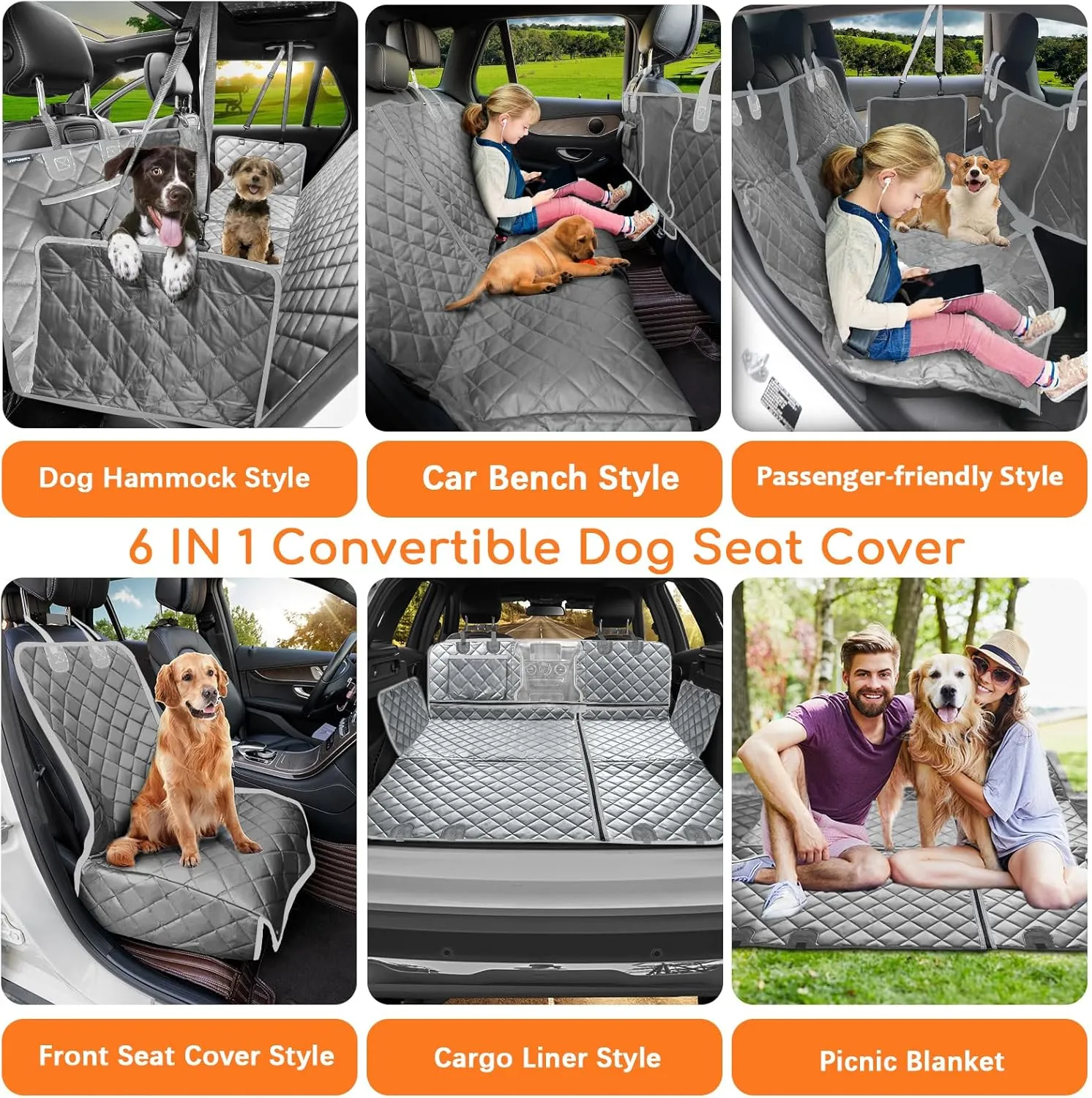 URPOWER 6 in 1 Convertible Dog Car Seat Cover for Back Seat 60/40 Split Dog Seat Cover 100% Waterproof Dog Hammock for Car Nonslip Pet Seat Cover with Mesh Window & Pocket for Cars Trucks and SUVs