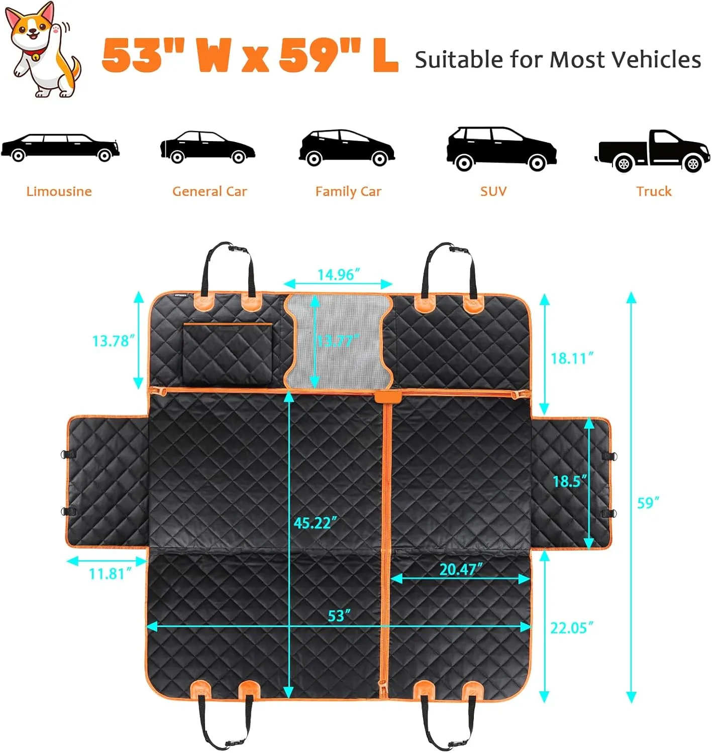 URPOWER 6-in-1 Dog Car Seat Cover for Back Seat, 60/40 Split, Waterproof Dog Car Hammock with Mesh Window, Non-Slip Pet Backseat Protector for Cars, Trucks and SUVs