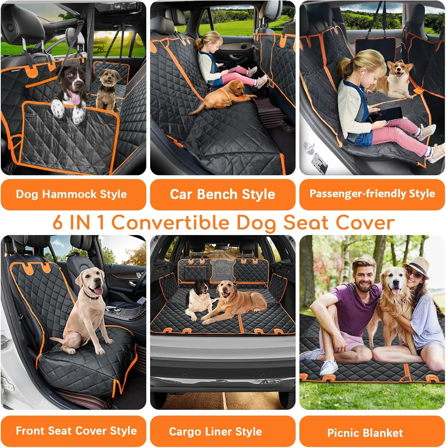 URPOWER 6-in-1 Dog Car Seat Cover for Back Seat, 60/40 Split, Waterproof Dog Car Hammock with Mesh Window, Non-Slip Pet Backseat Protector for Cars, Trucks and SUVs