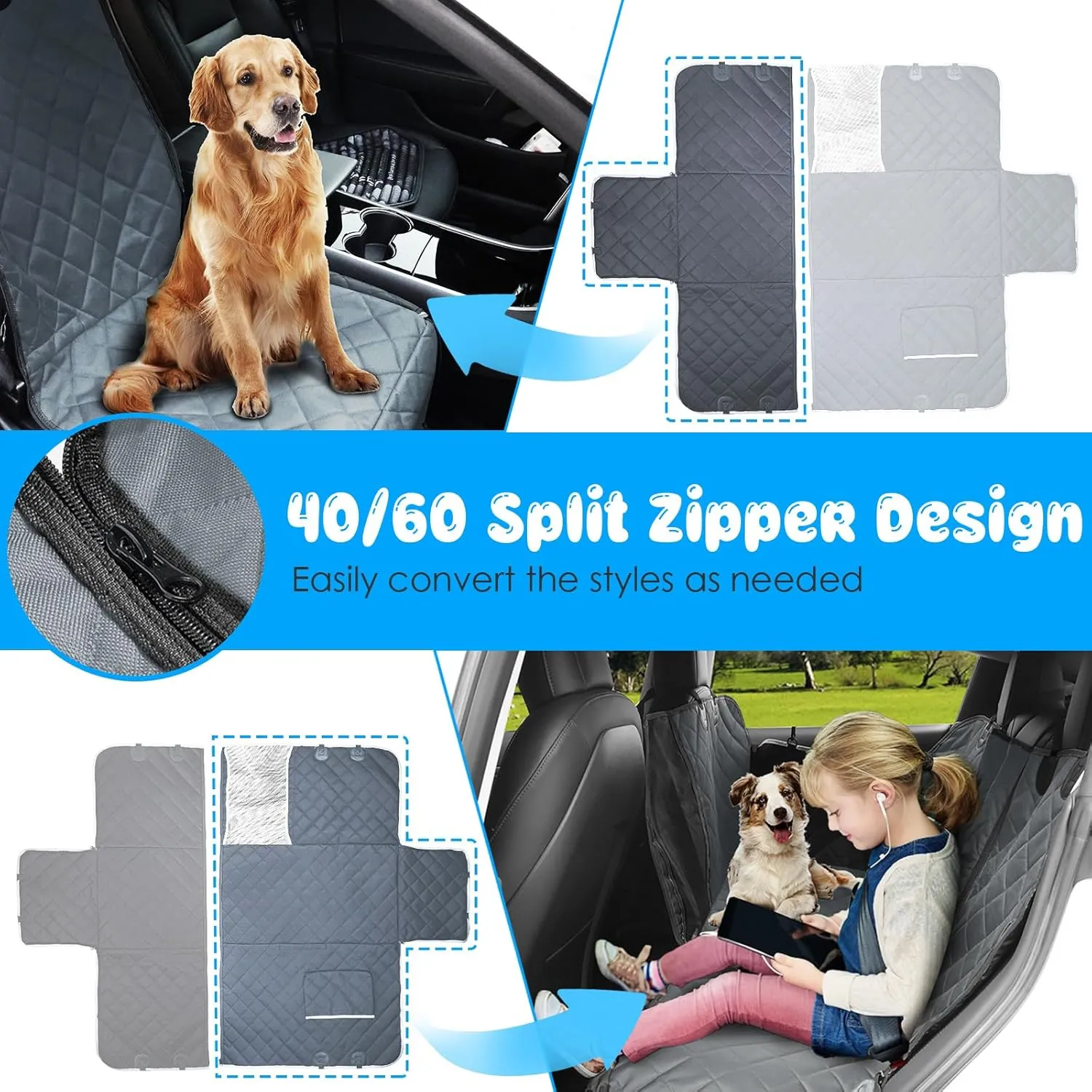 URPOWER 6-in-1 Dog Car Seat Cover for Back Seat, Waterproof Dog Car Hammock 40/60 Split Dog Seat Cover with Mesh Window and Side Flap Pets Car Seat Protector Dog Backseat Cover for Car, SUV, Truck