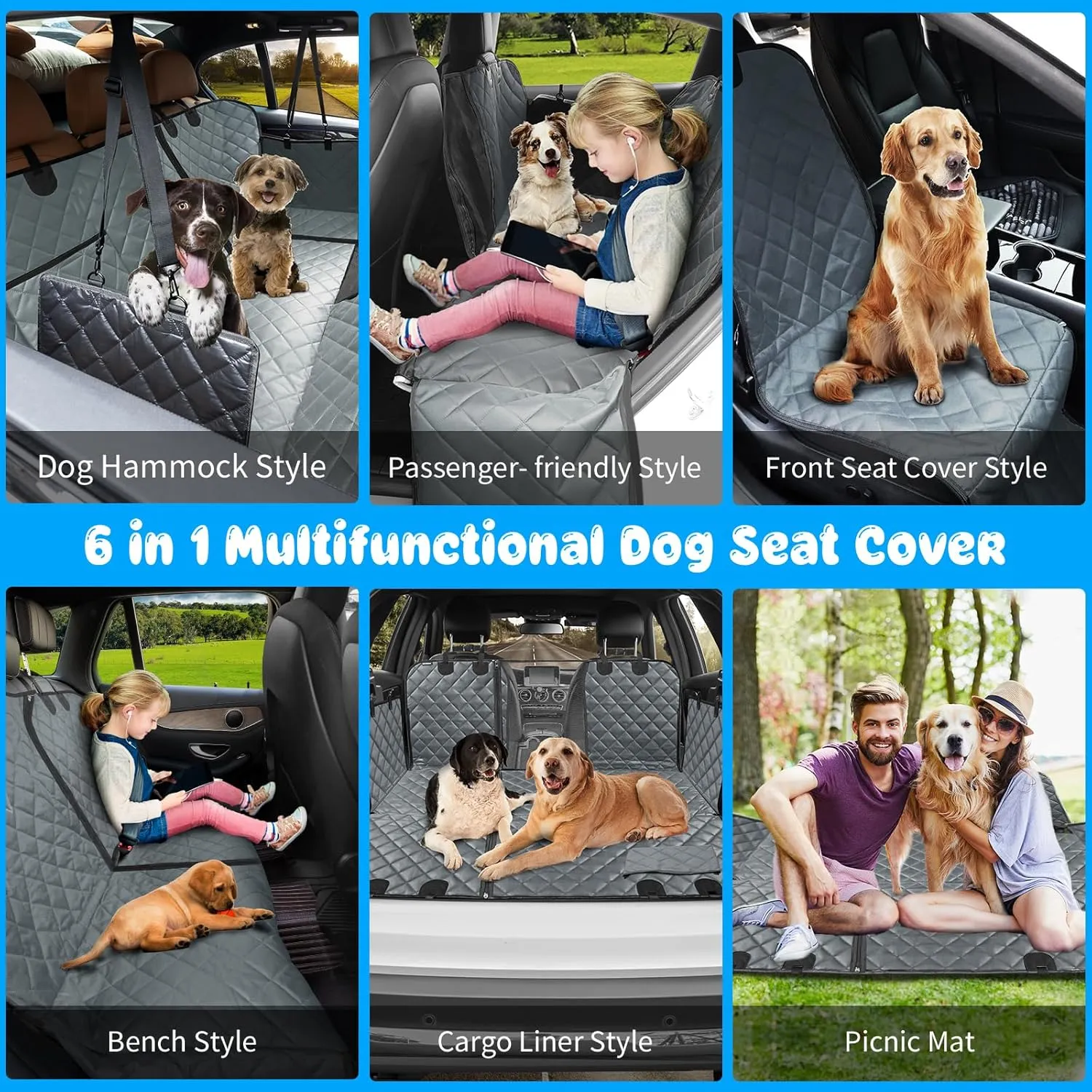 URPOWER 6-in-1 Dog Car Seat Cover for Back Seat, Waterproof Dog Car Hammock 40/60 Split Dog Seat Cover with Mesh Window and Side Flap Pets Car Seat Protector Dog Backseat Cover for Car, SUV, Truck