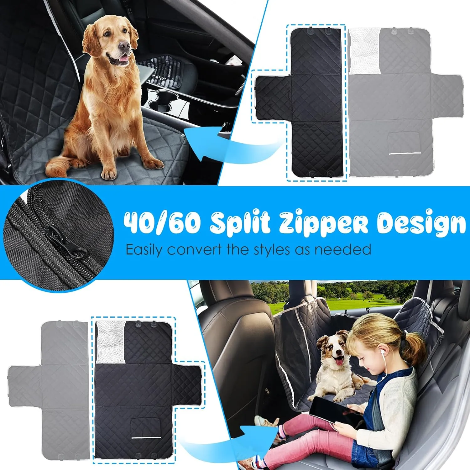 URPOWER 6-in-1 Dog Car Seat Cover for Back Seat, Waterproof Dog Car Hammock with Mesh Window & Side Flap, 40/60 Split Pet Backseat Protector for Car, SUV, Truck