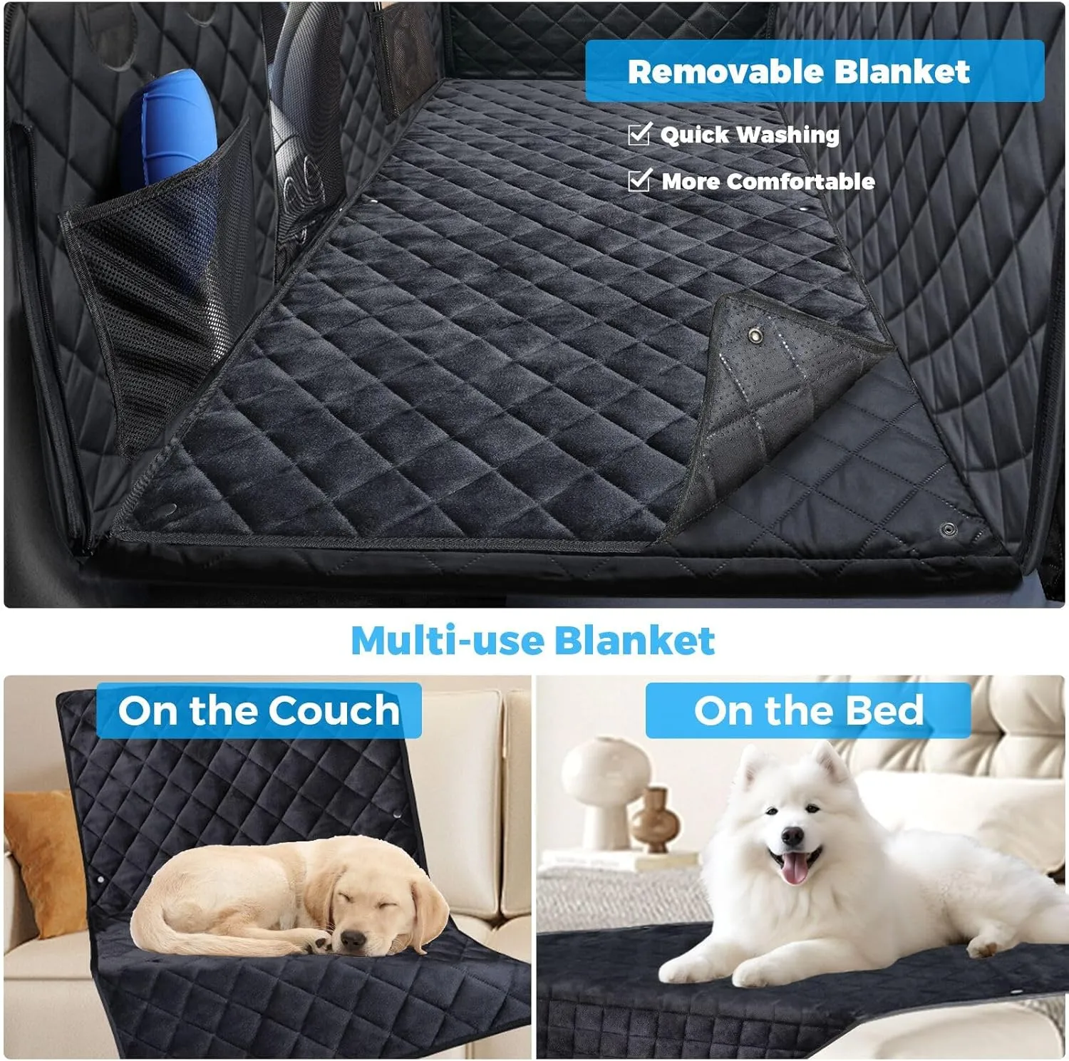 URPOWER Dogs Back Seat Extender with Removable Blanket - Hard Bottom Dog Car Seat Cover & Non-Slip Dog Bed Mat, Waterproof Dogs Hammock for Car, SUV & Small Truck, Pet Backseat Protector Holds 400lbs