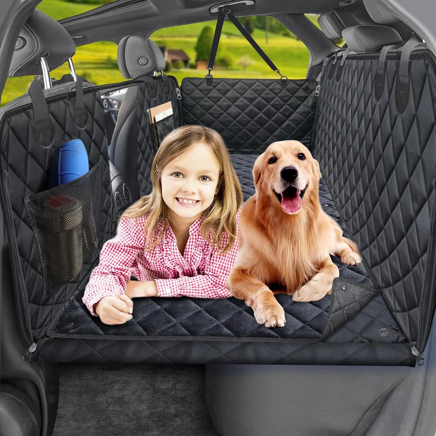 URPOWER Dogs Back Seat Extender with Removable Blanket - Hard Bottom Dog Car Seat Cover & Non-Slip Dog Bed Mat, Waterproof Dogs Hammock for Car, SUV & Small Truck, Pet Backseat Protector Holds 400lbs