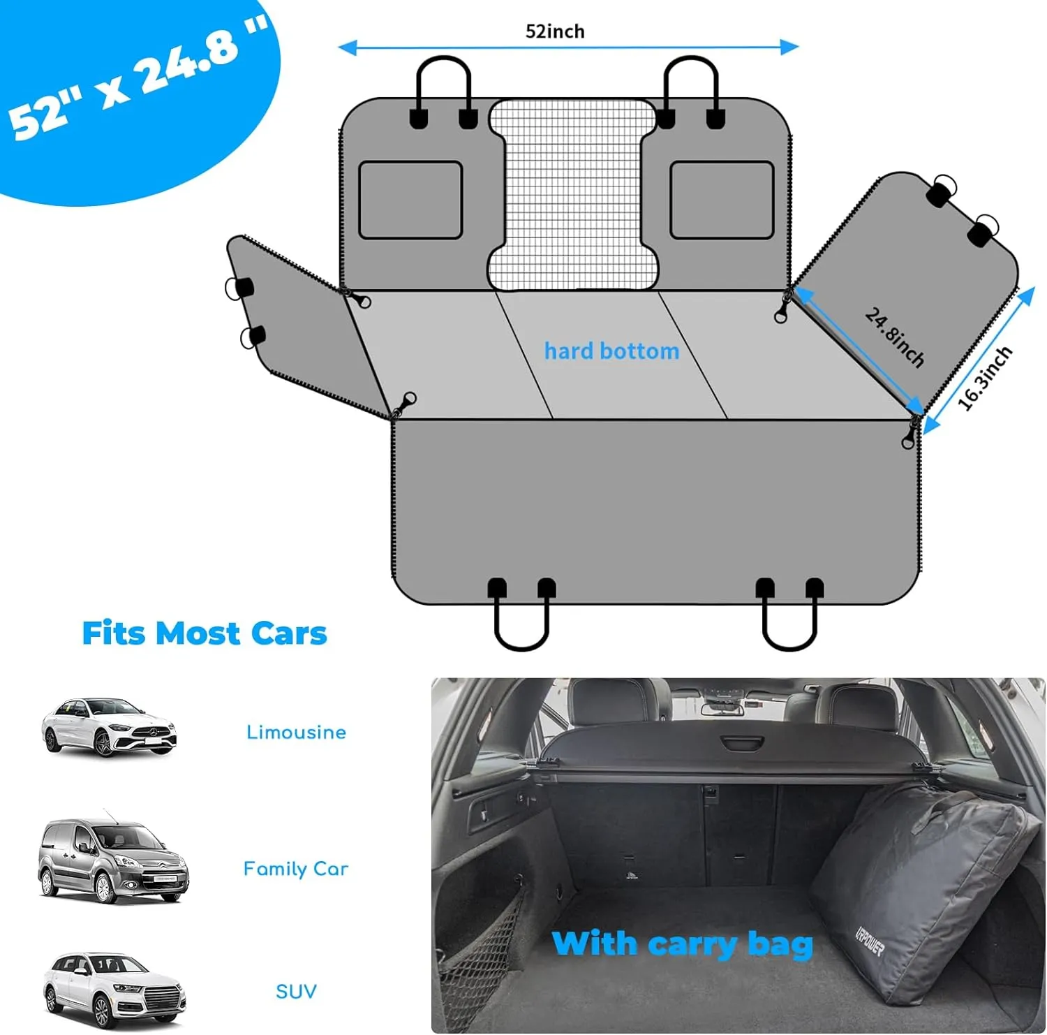 URPOWER Dogs Back Seat Extender with Removable Blanket - Hard Bottom Dog Car Seat Cover & Non-Slip Dog Bed Mat, Waterproof Dogs Hammock for Car, SUV & Small Truck, Pet Backseat Protector Holds 400lbs