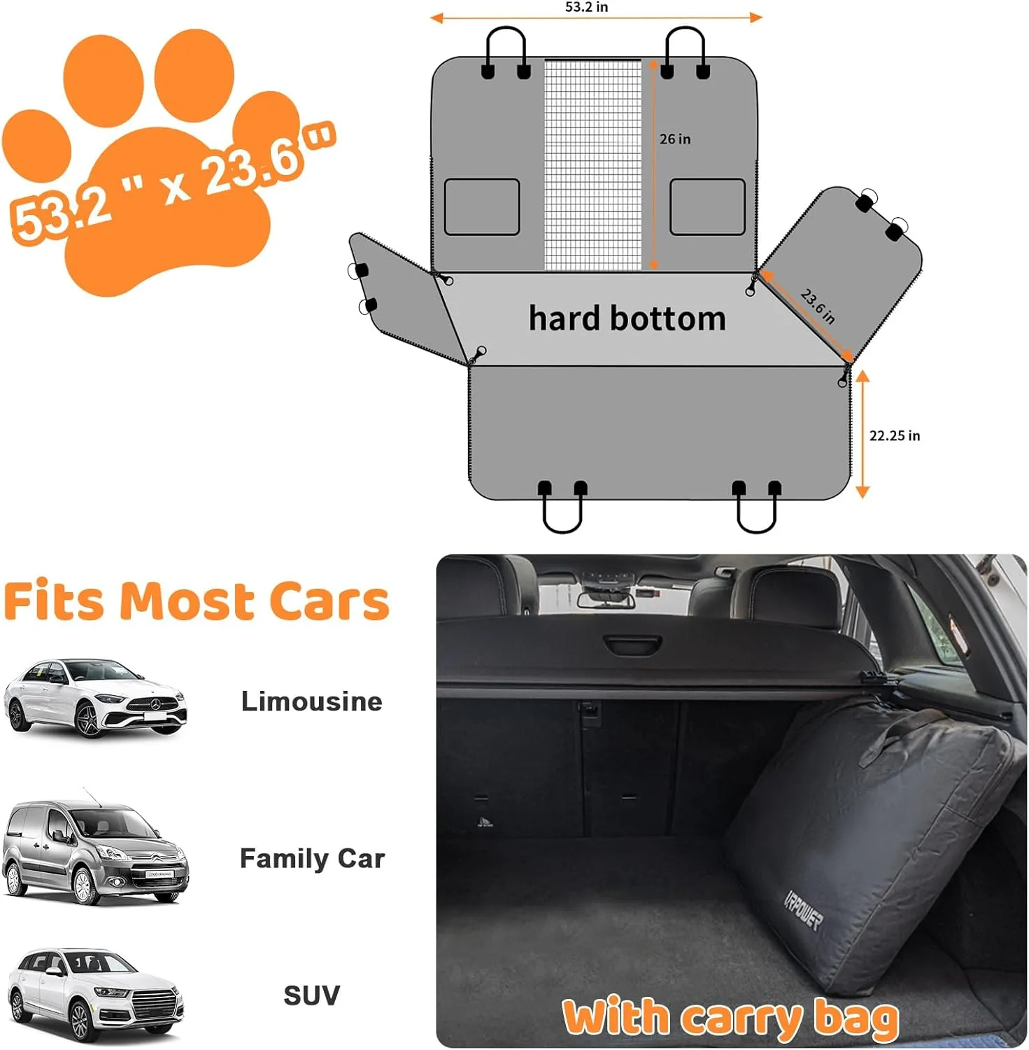 URPOWER High Barrier Back Seat Extender for Dogs, Hard Bottom Dog Car Seat Cover Holds 400 lbs, Waterproof Dog Hammock for Cars, SUV, Small Truck, Dogs Car Bed Pet Backseat Protector with Mesh Window