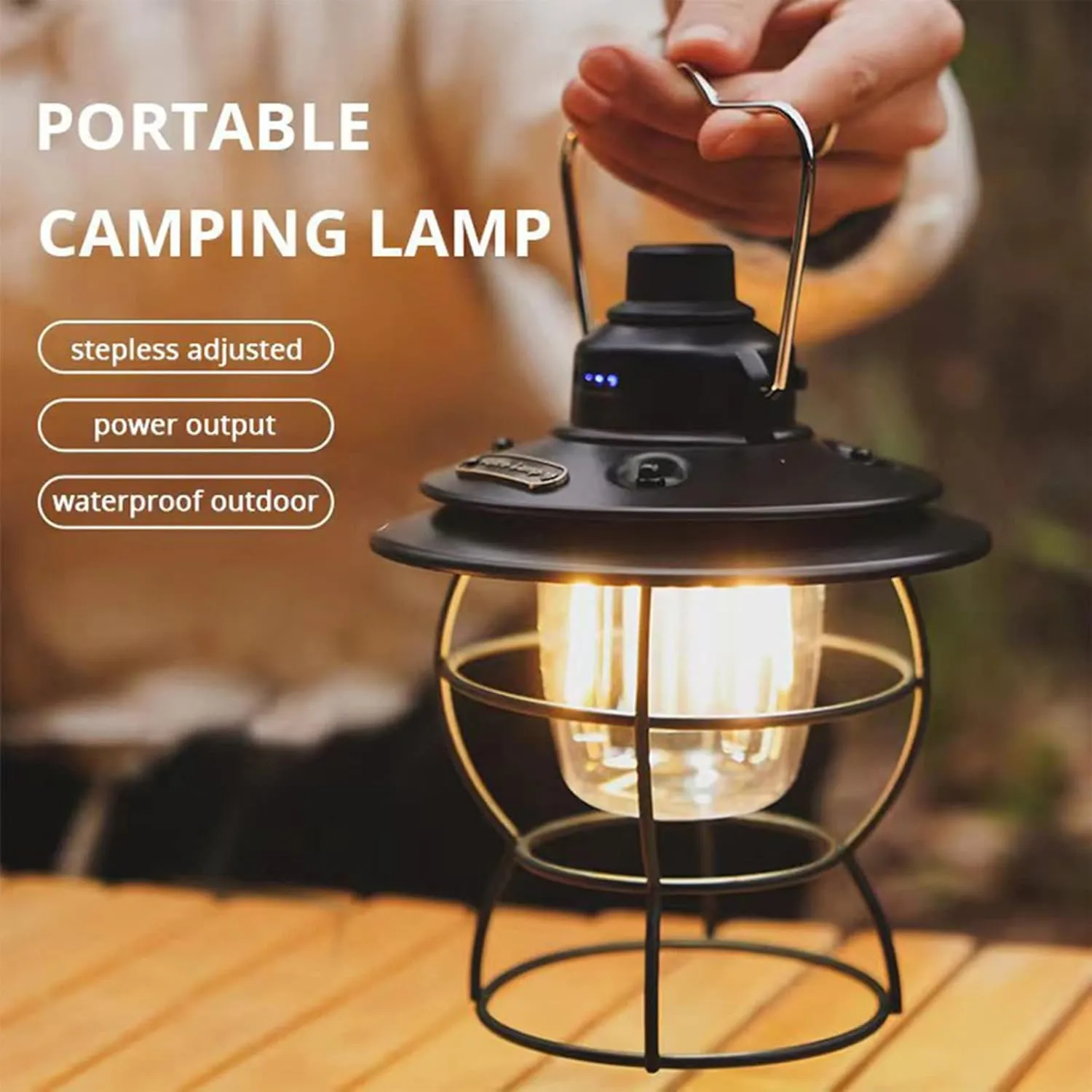 USB Rechargeable LED Camping Lantern Vintage Camping Lights Portable Waterproof Outdoor Metal Hook Tent Camping Light 3 Light Modes