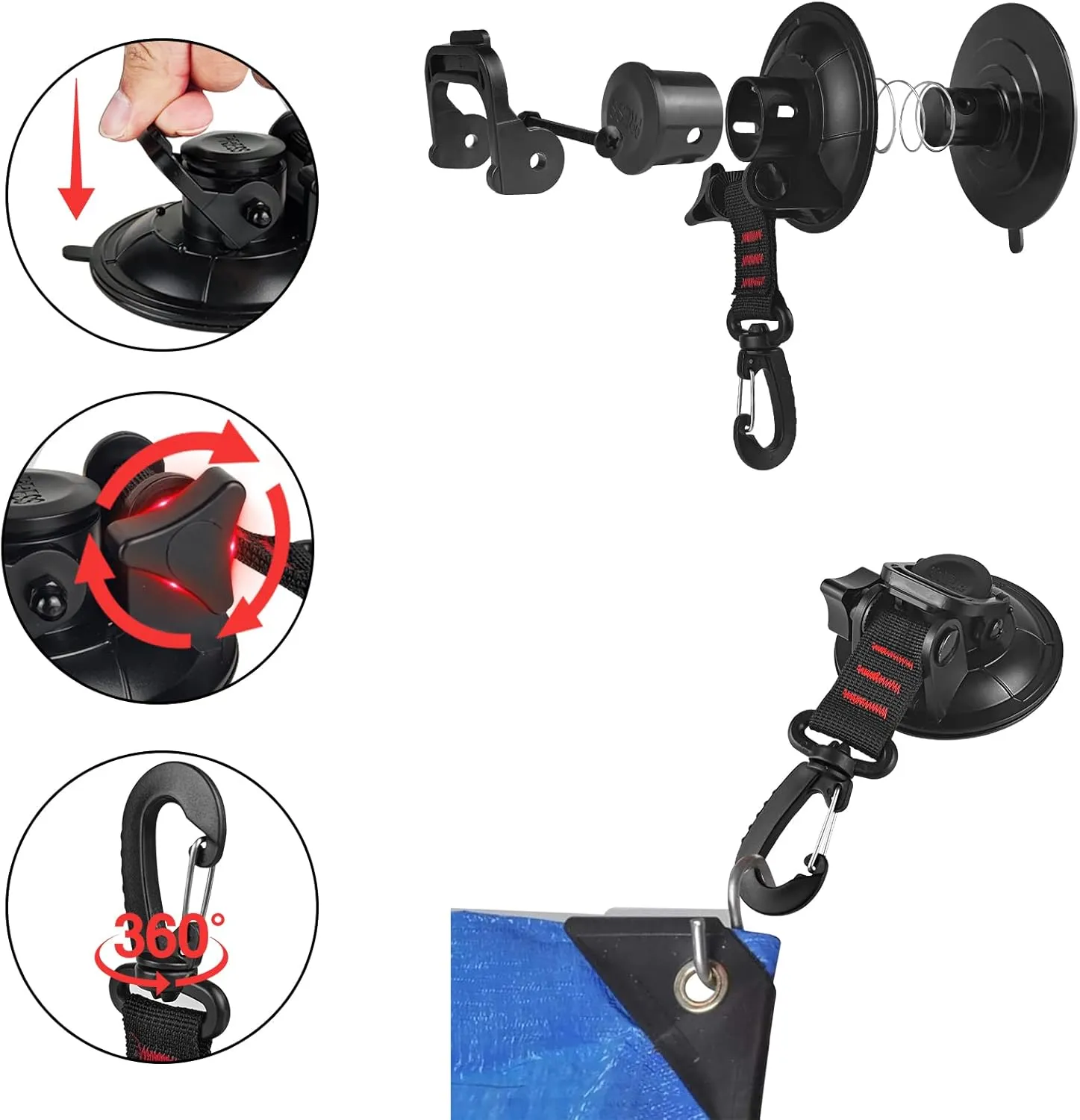 Vashly Heavy Duty Suction Cup 6 Pcs Strong Suction Cups with Hooks and 6 Pcs Tarp Clips Deavy Duty Lock Grip for Car Awning Boat Camping