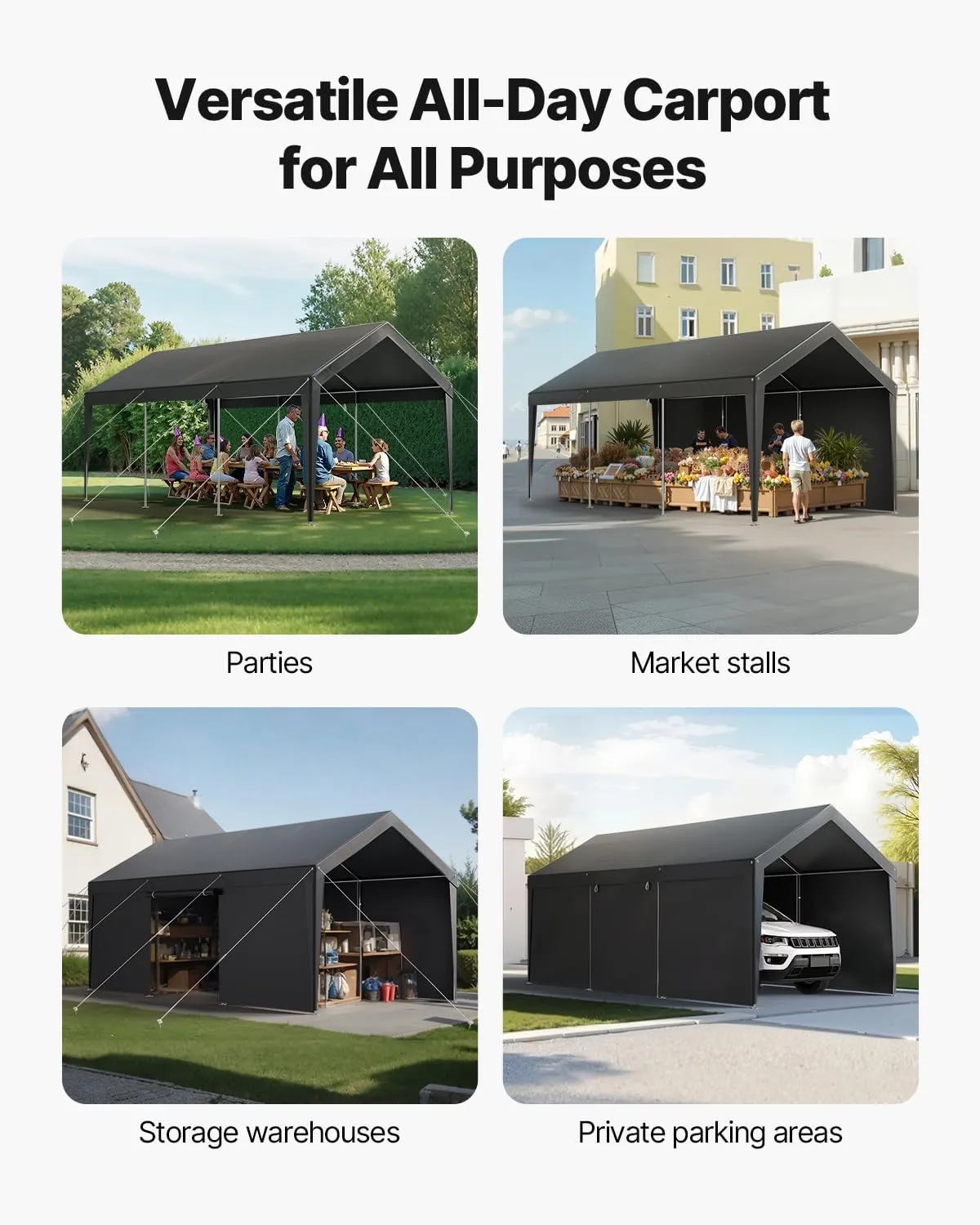 VEVOR 10x20 FT Heavy Duty Carport, Car Port Car Canopy, Potable Garage Car Canopy with Removable Sidewalls, Outdoor Car Shelter, UV and Water-Resistant Car Tent for Cars, Boats, Trucks, and Equipment