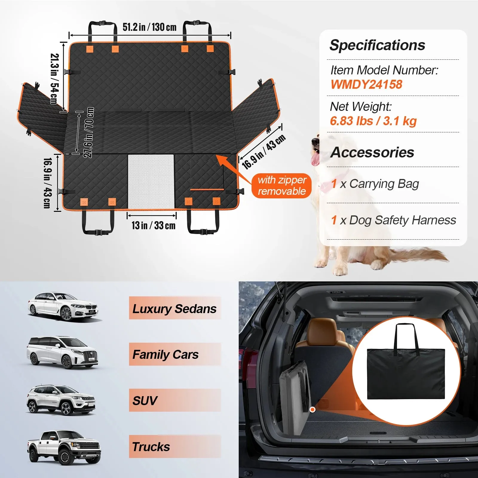 VEVOR Back Seat Extender Dog Car Seat Cover for Back Seat Bed with Mesh Window and Storage Pocket Supports 350lbs Dog Hammock