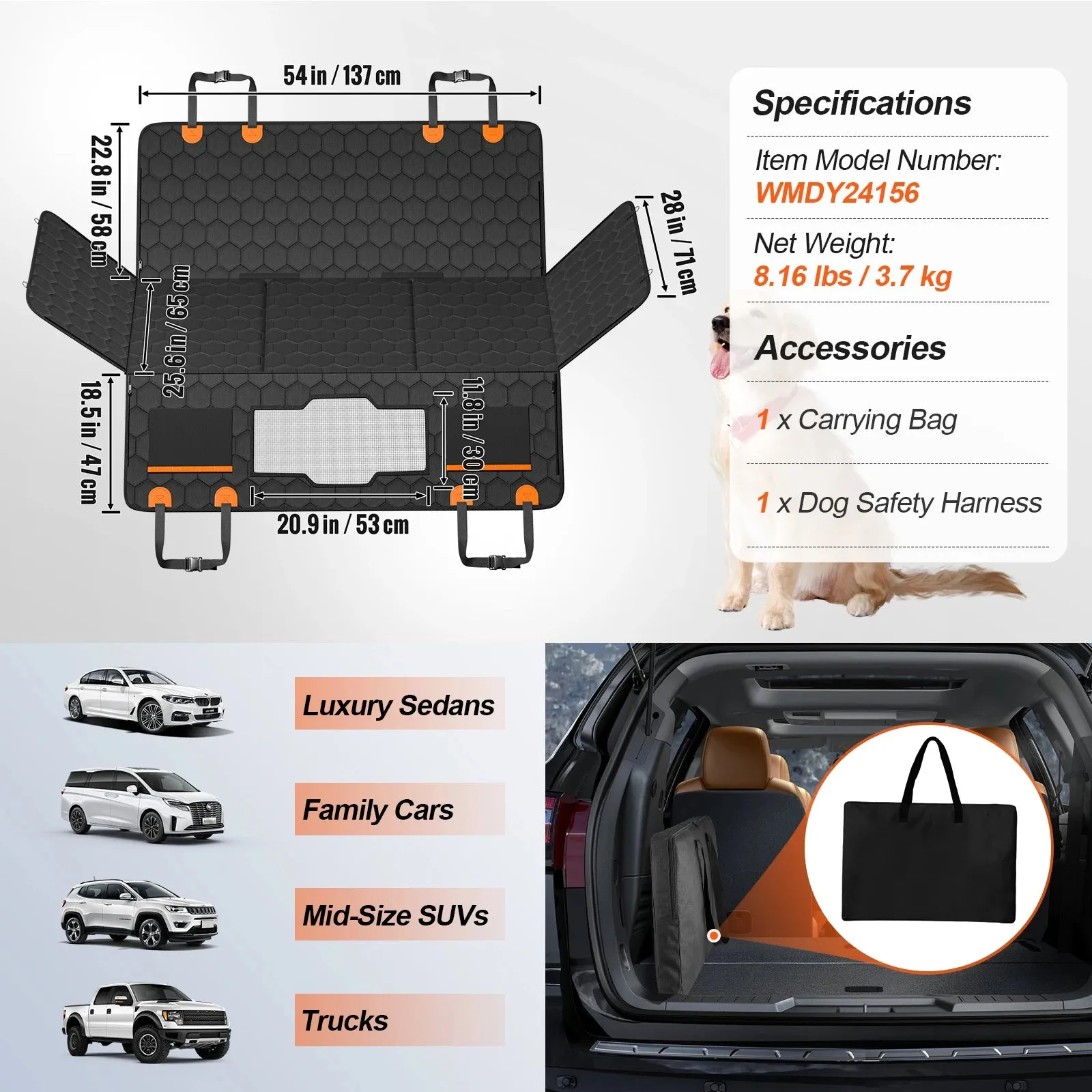 VEVOR Back Seat Extender Dog Car Seat Cover for Back Seat Bed with Mesh Window and Storage Pocket Supports 350lbs Dog Hammock