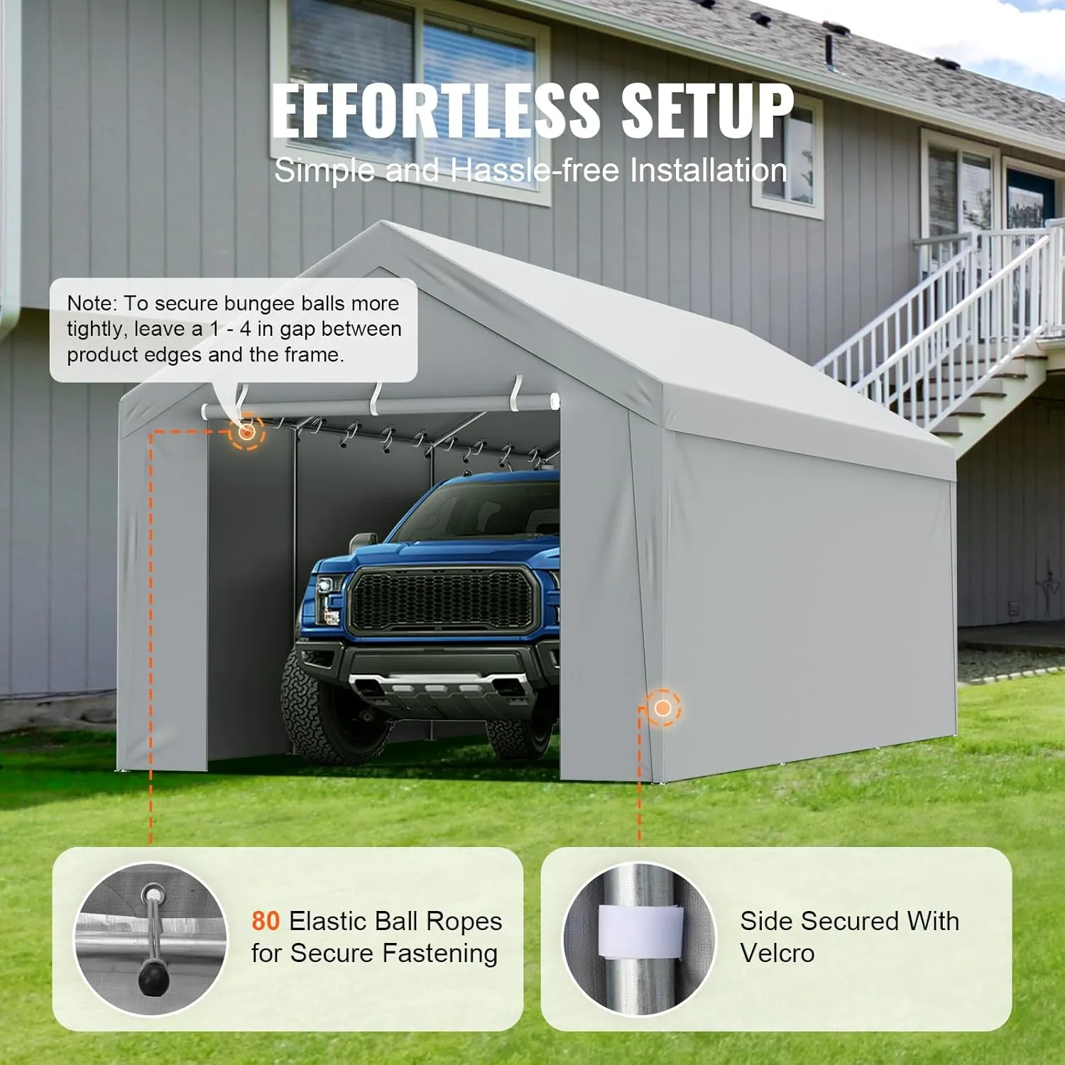 VEVOR Carport Replacement Canopy Cover Top   Side Wall 10 x 20 ft, Garage Tent Shelter Tarp Heavy-Duty Waterproof & UV Protected, Easy Installation with Ball Bungees,Grey (Frame Not Included)