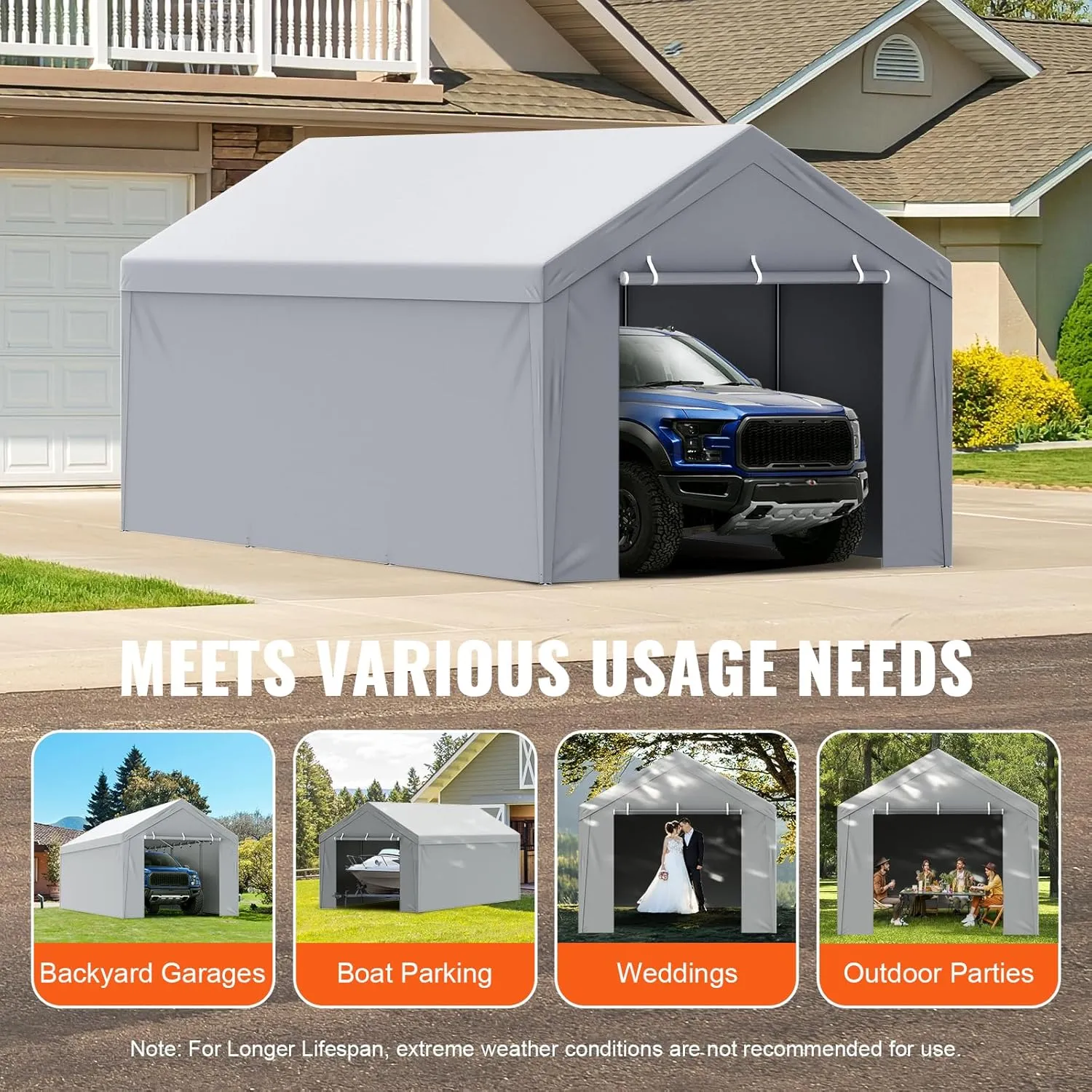 VEVOR Carport Replacement Canopy Cover Top   Side Wall 10 x 20 ft, Garage Tent Shelter Tarp Heavy-Duty Waterproof & UV Protected, Easy Installation with Ball Bungees,Grey (Frame Not Included)